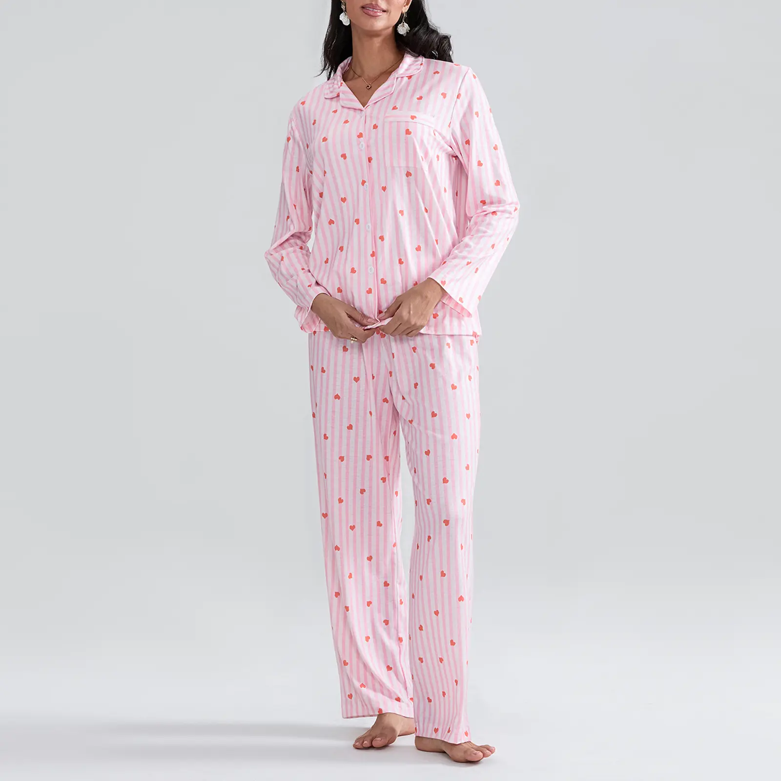 Women's Fall Loungewear Set Stripe Heart Print Long Sleeve Lapel Button Shirt with Pants Sleepwear