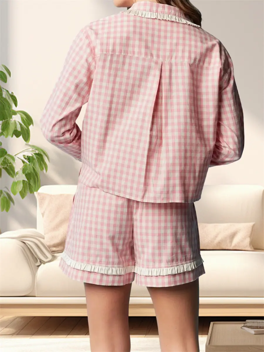 Women Plaid Pajama Set Tie Front Frill Trim Lapel Neck Long Sleeve Tops Elastic Waist Shorts 2 Piece Sleepwear Outfit