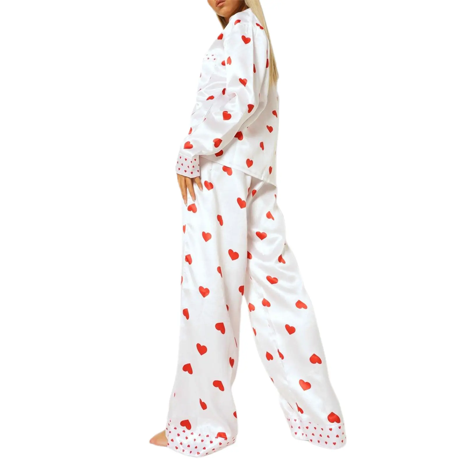 Women's Valentine's Day Lounge Set Long Sleeve Button Up Heart Print Tops Pants Sleepwear