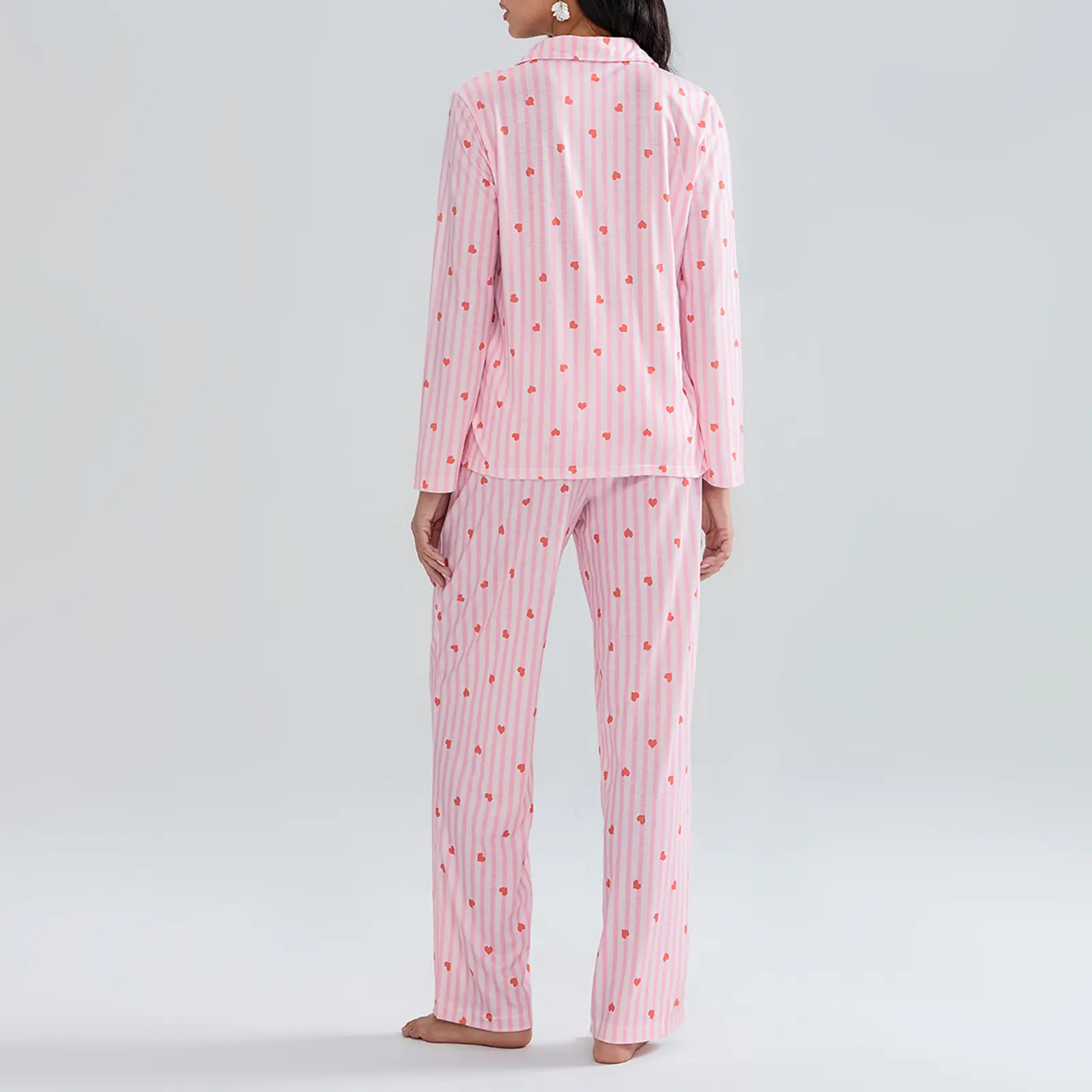 Women's Fall Loungewear Set Stripe Heart Print Long Sleeve Lapel Button Shirt with Pants Sleepwear