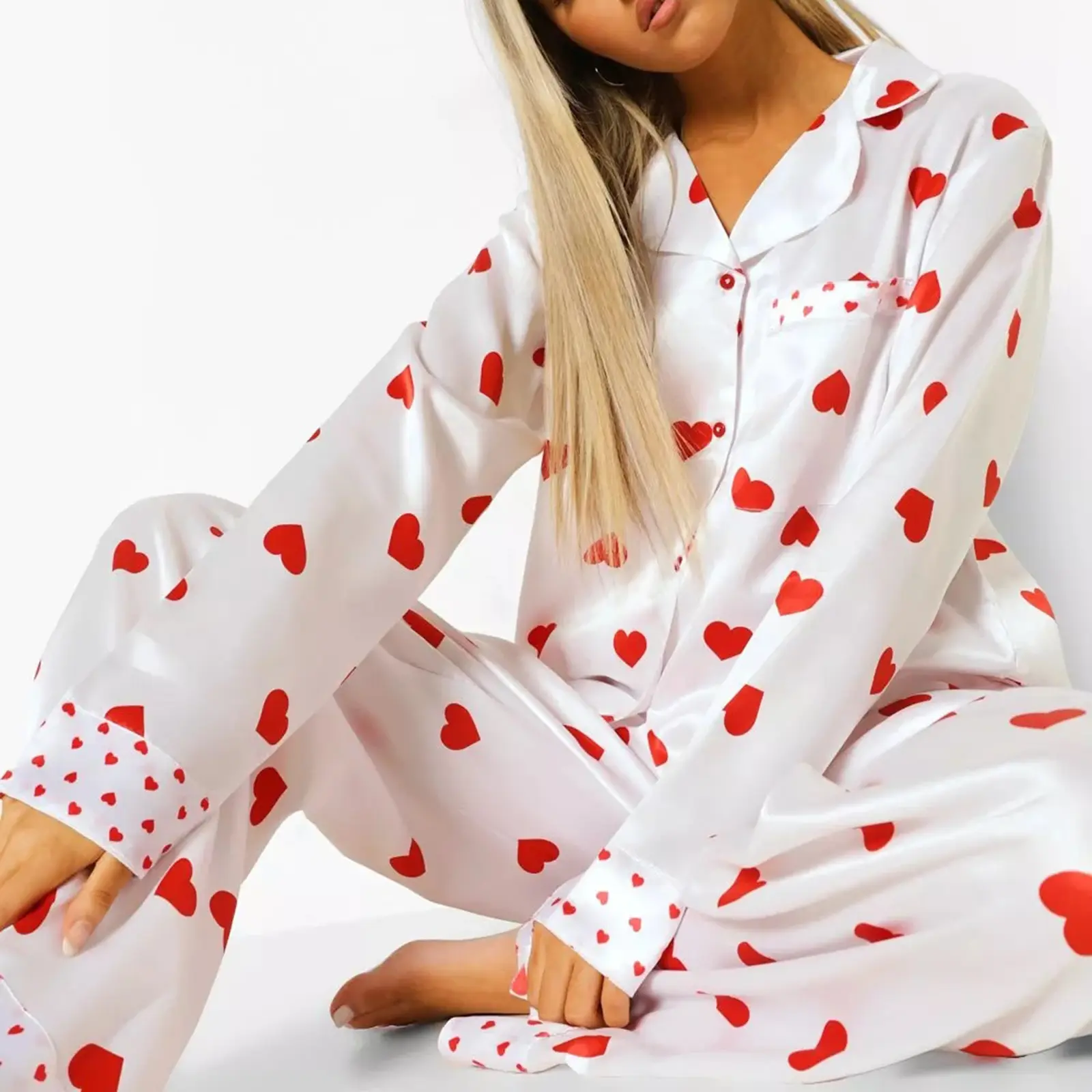 Women's Valentine's Day Lounge Set Long Sleeve Button Up Heart Print Tops Pants Sleepwear