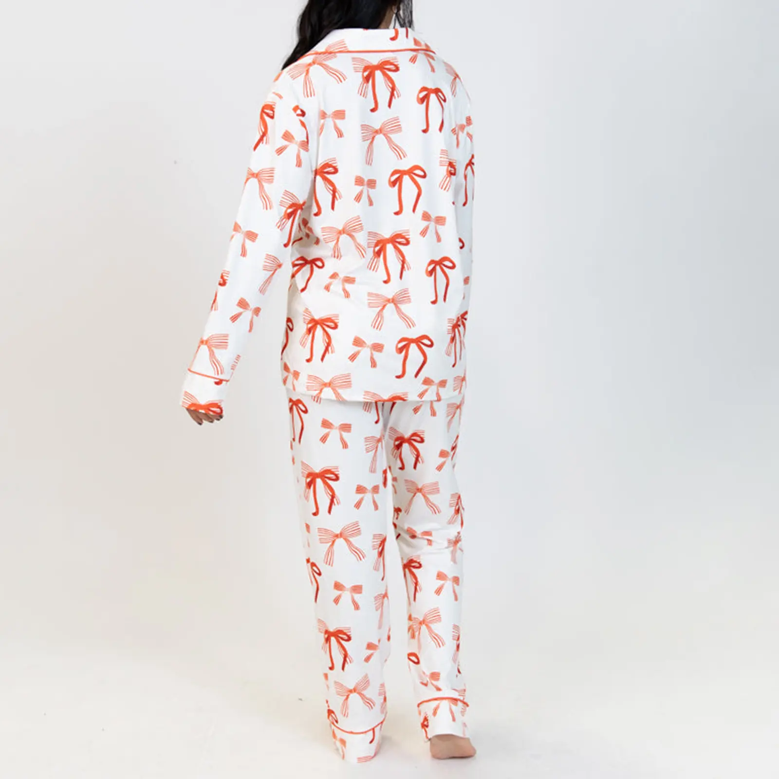 Women 2 Piece Pajamas Set Bow Print Button Long Sleeves Shirt and Elastic Pants for Loungewear Soft Sleepwear