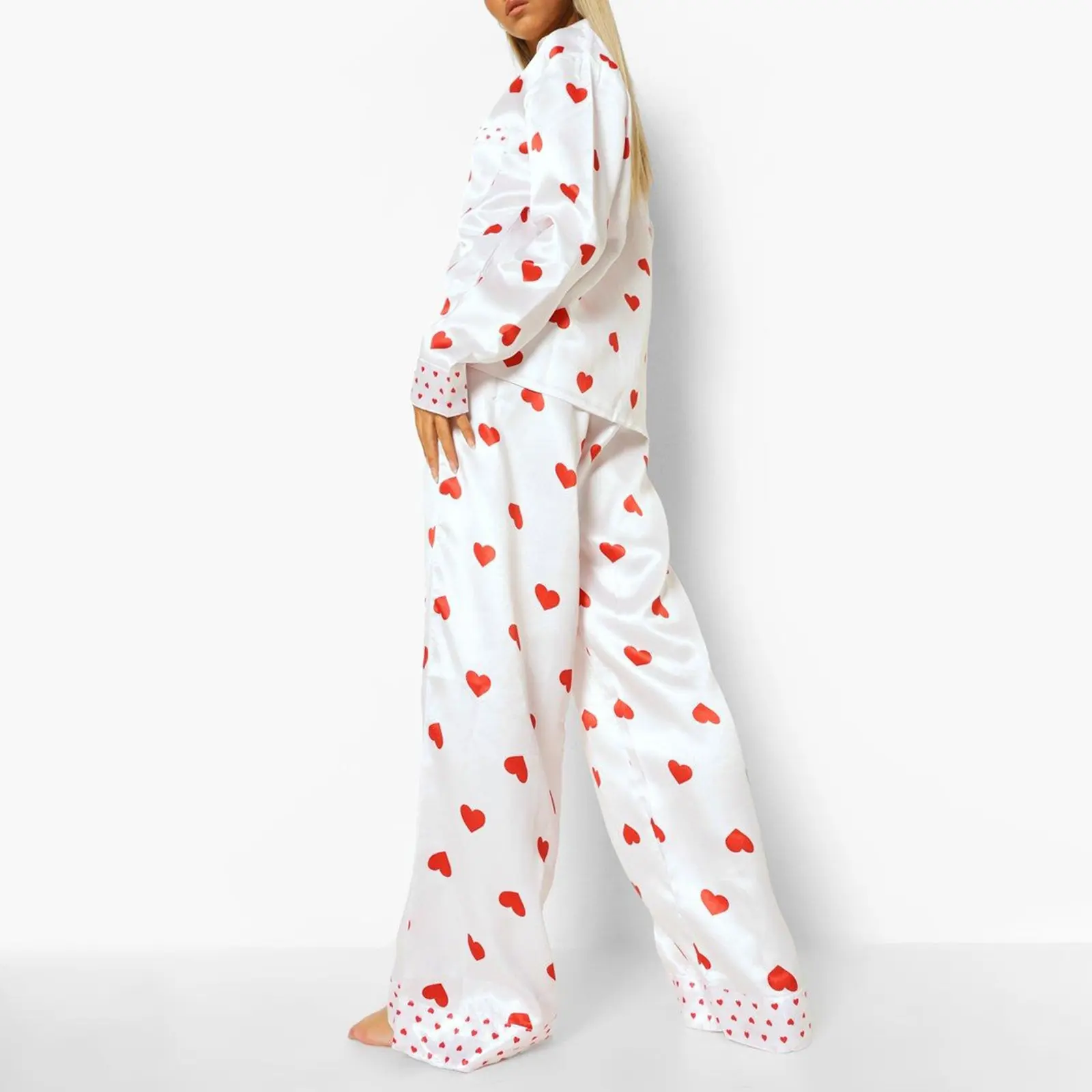 Women's Valentine's Day Lounge Set Long Sleeve Button Up Heart Print Tops Pants Sleepwear
