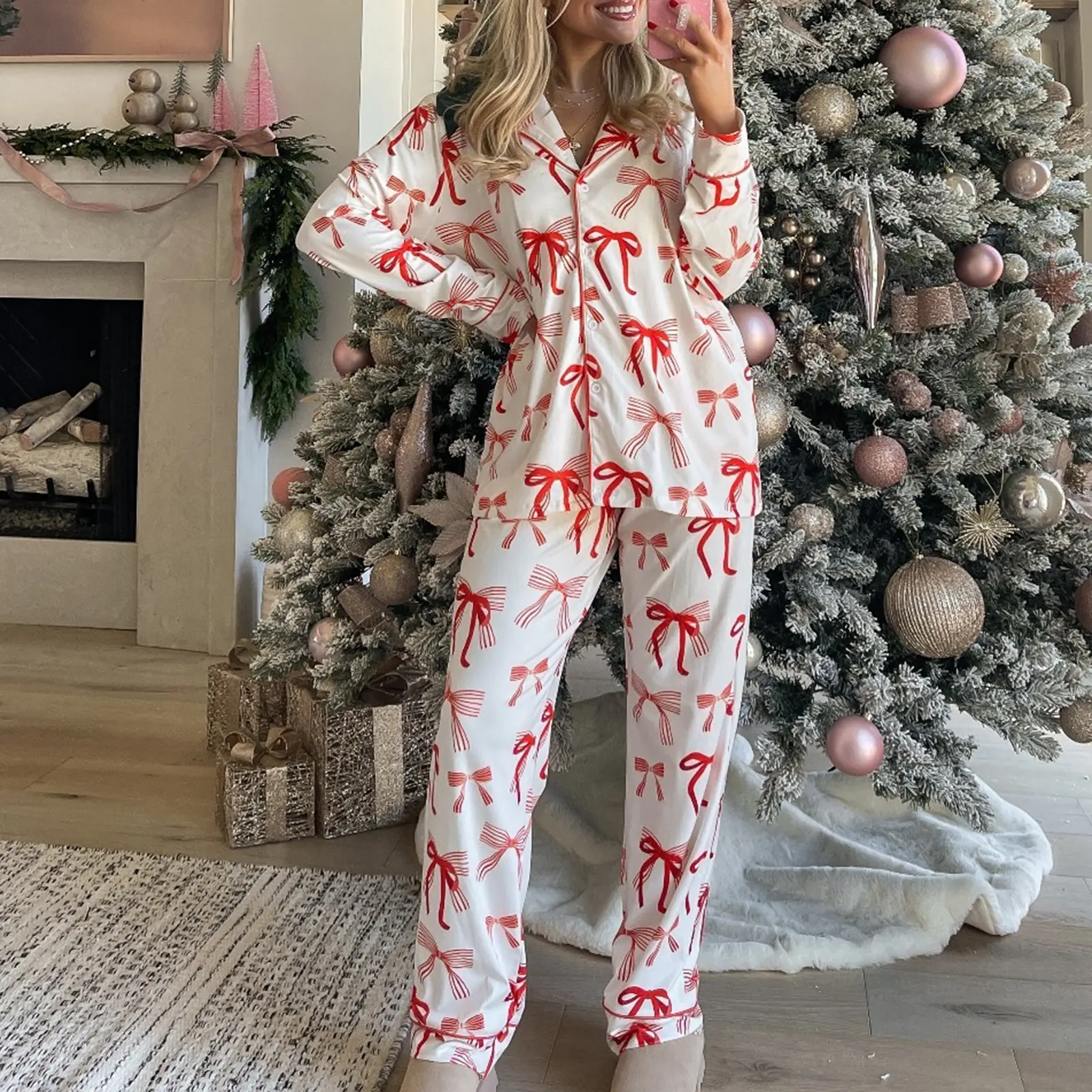 Women 2 Piece Pajamas Set Bow Print Button Long Sleeves Shirt and Elastic Pants for Loungewear Soft Sleepwear