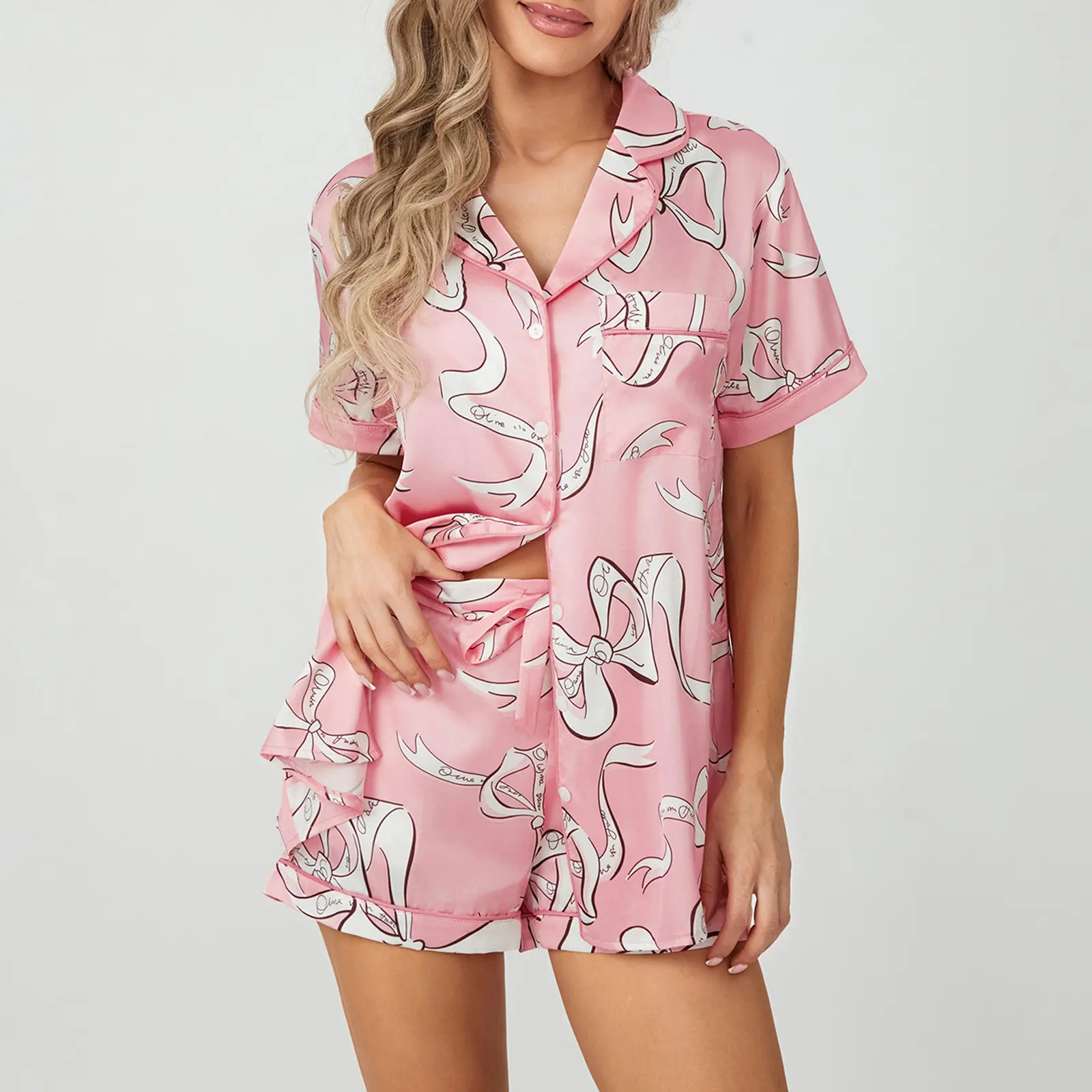 Women's Summer Satin Loungewear Set, Cartoon Bow Print Short Sleeve Notched Lapel Tops with Elastic Waist Shorts