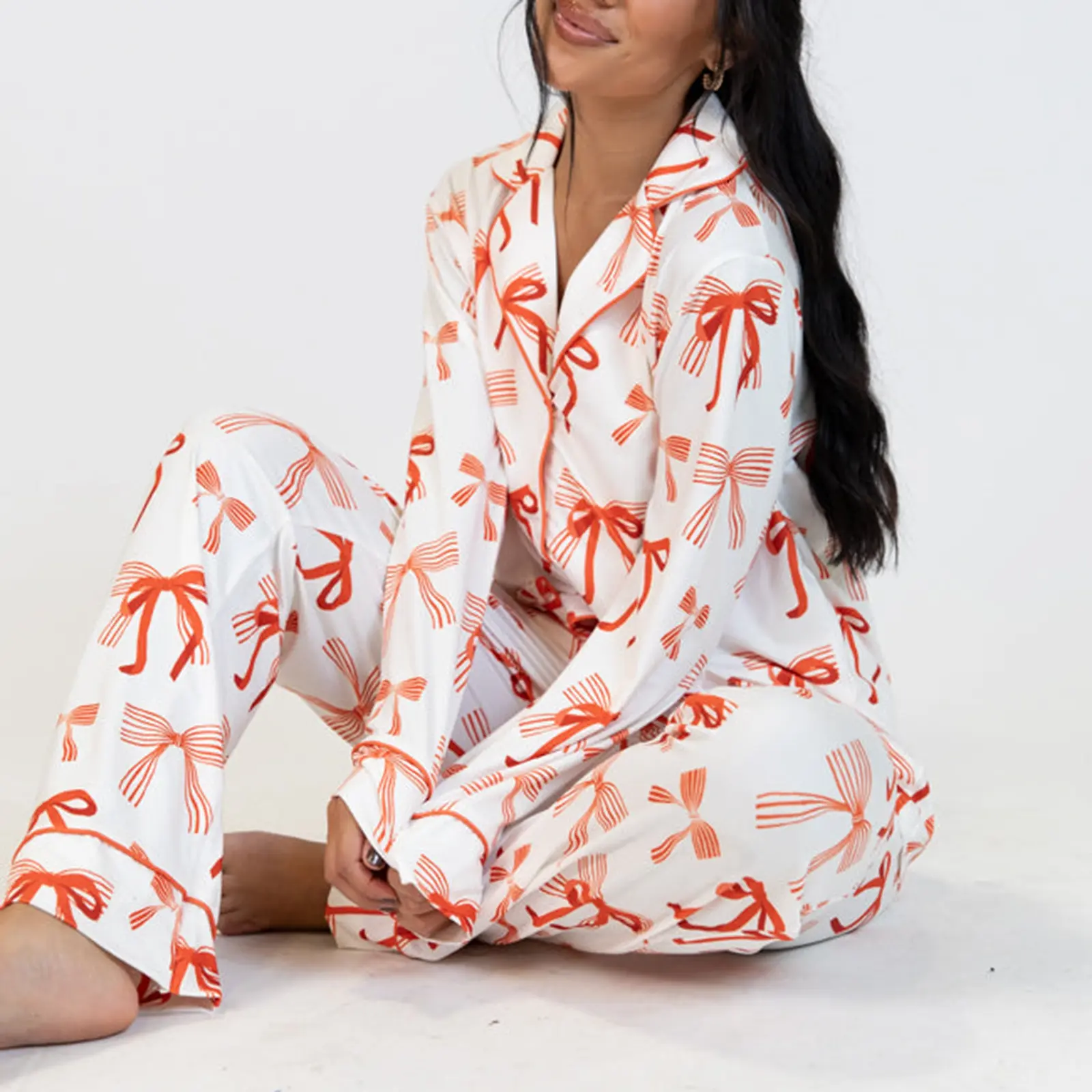Women 2 Piece Pajamas Set Bow Print Button Long Sleeves Shirt and Elastic Pants for Loungewear Soft Sleepwear