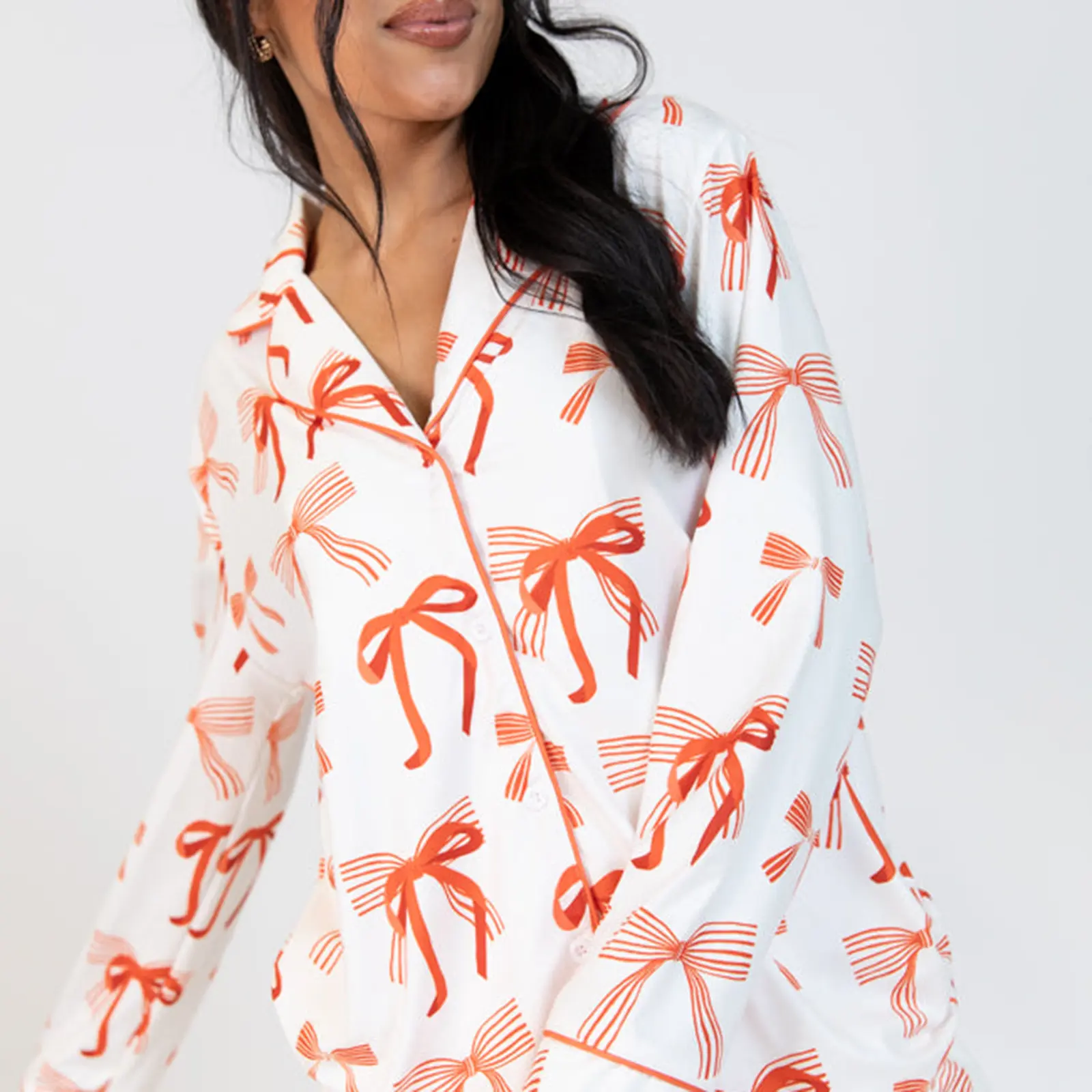 Women 2 Piece Pajamas Set Bow Print Button Long Sleeves Shirt and Elastic Pants for Loungewear Soft Sleepwear