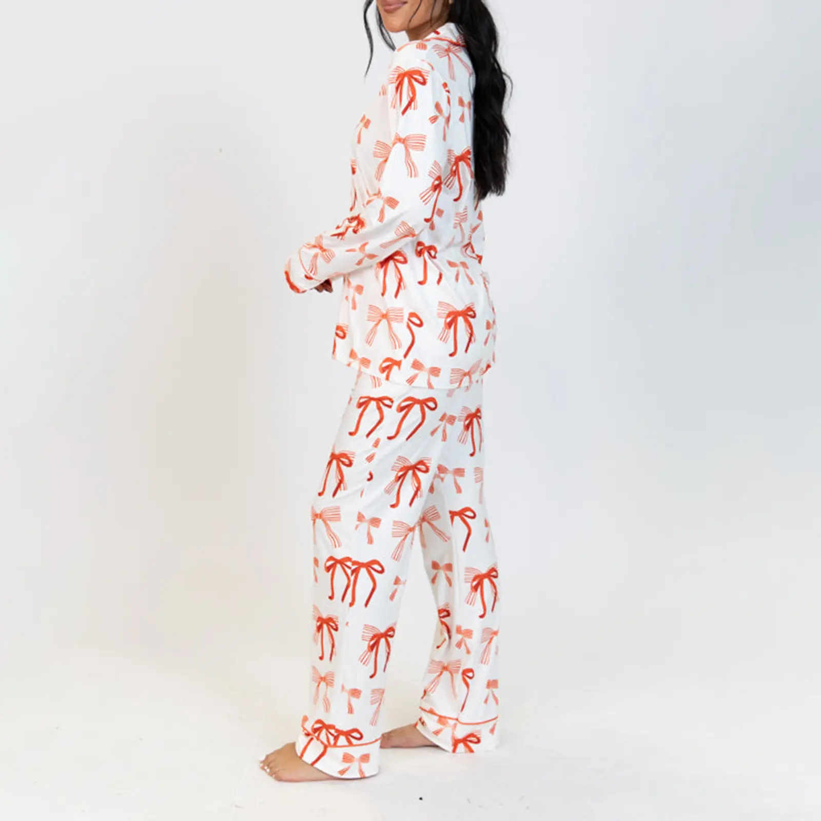 Women 2 Piece Pajamas Set Bow Print Button Long Sleeves Shirt and Elastic Pants for Loungewear Soft Sleepwear