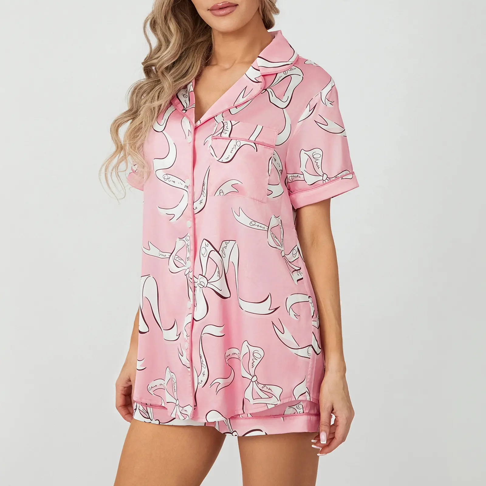 Women's Summer Satin Loungewear Set, Cartoon Bow Print Short Sleeve Notched Lapel Tops with Elastic Waist Shorts