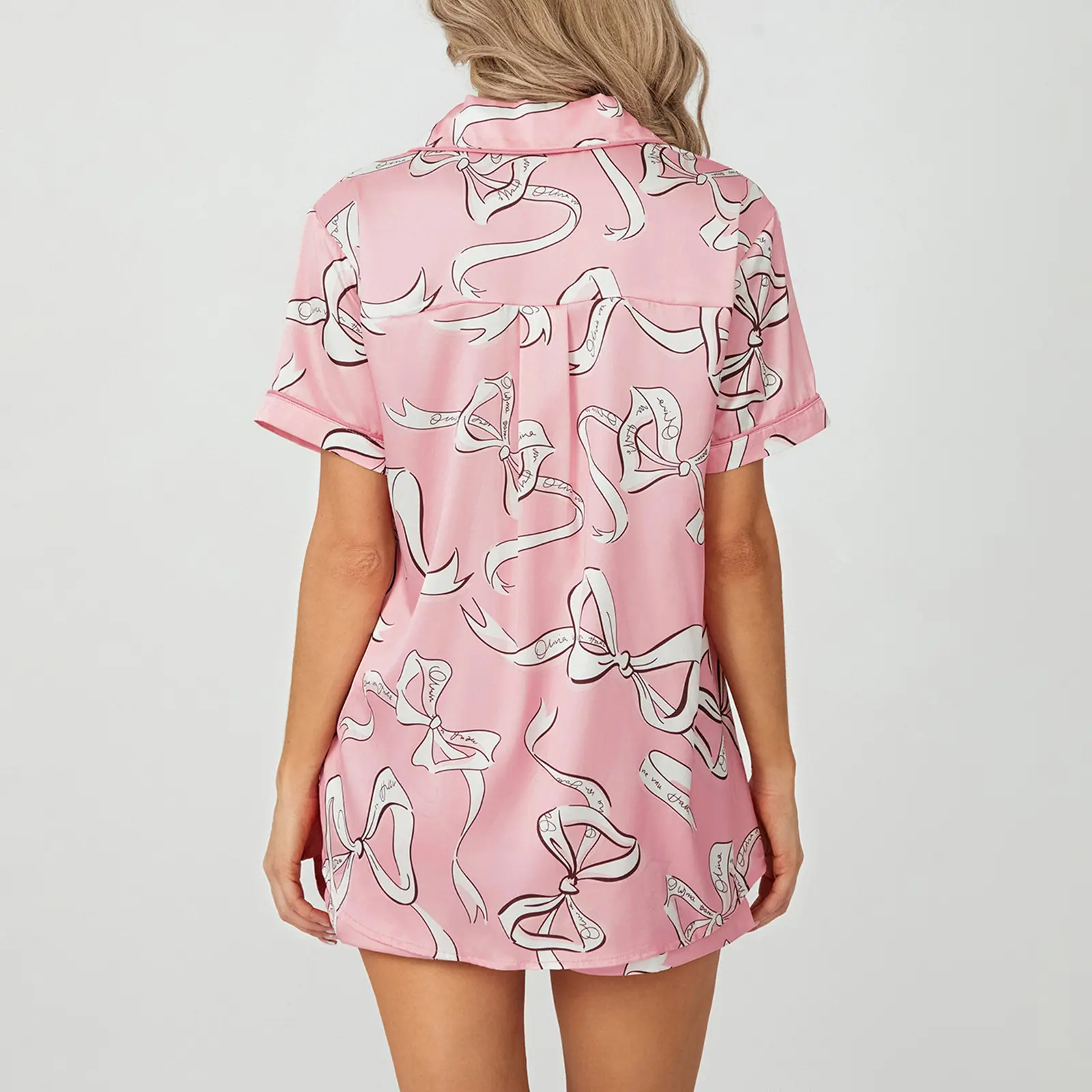 Women's Summer Satin Loungewear Set, Cartoon Bow Print Short Sleeve Notched Lapel Tops with Elastic Waist Shorts