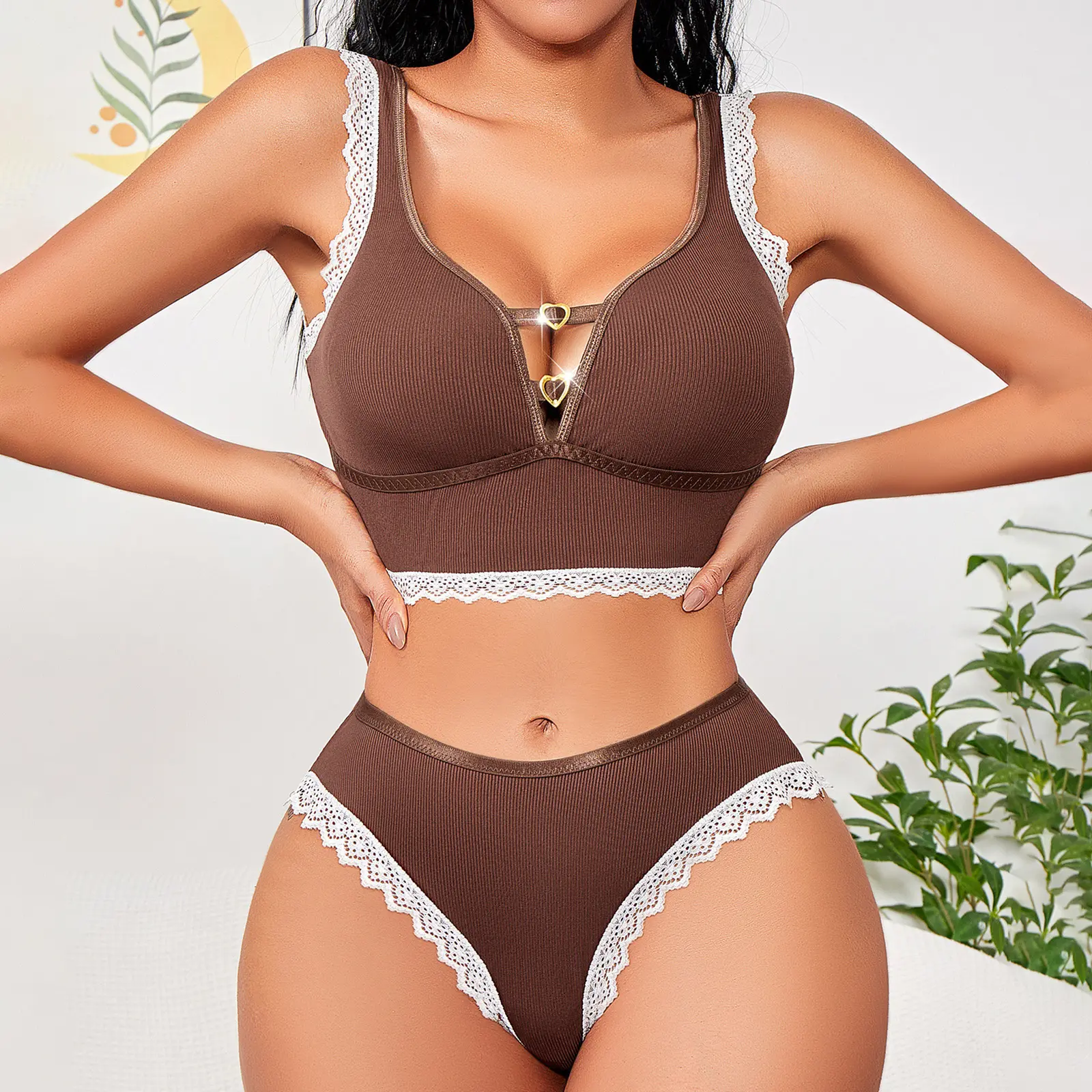 Women Cute  Set Lace Patchwork Bra Tank Tops and Elastic Panty Briefs 2 Piece Underwear