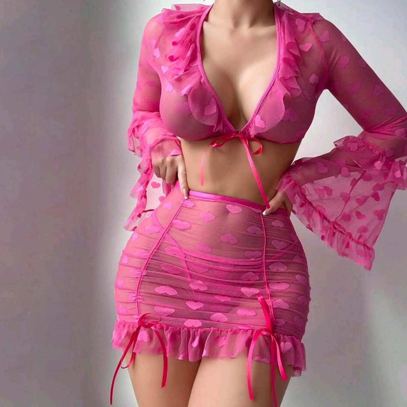 Women Mesh Lingerie Set Heart Print Sheer Tie Front Tops and Ruffles Skirt Thong Set for Naughty Babydoll Sleepwear