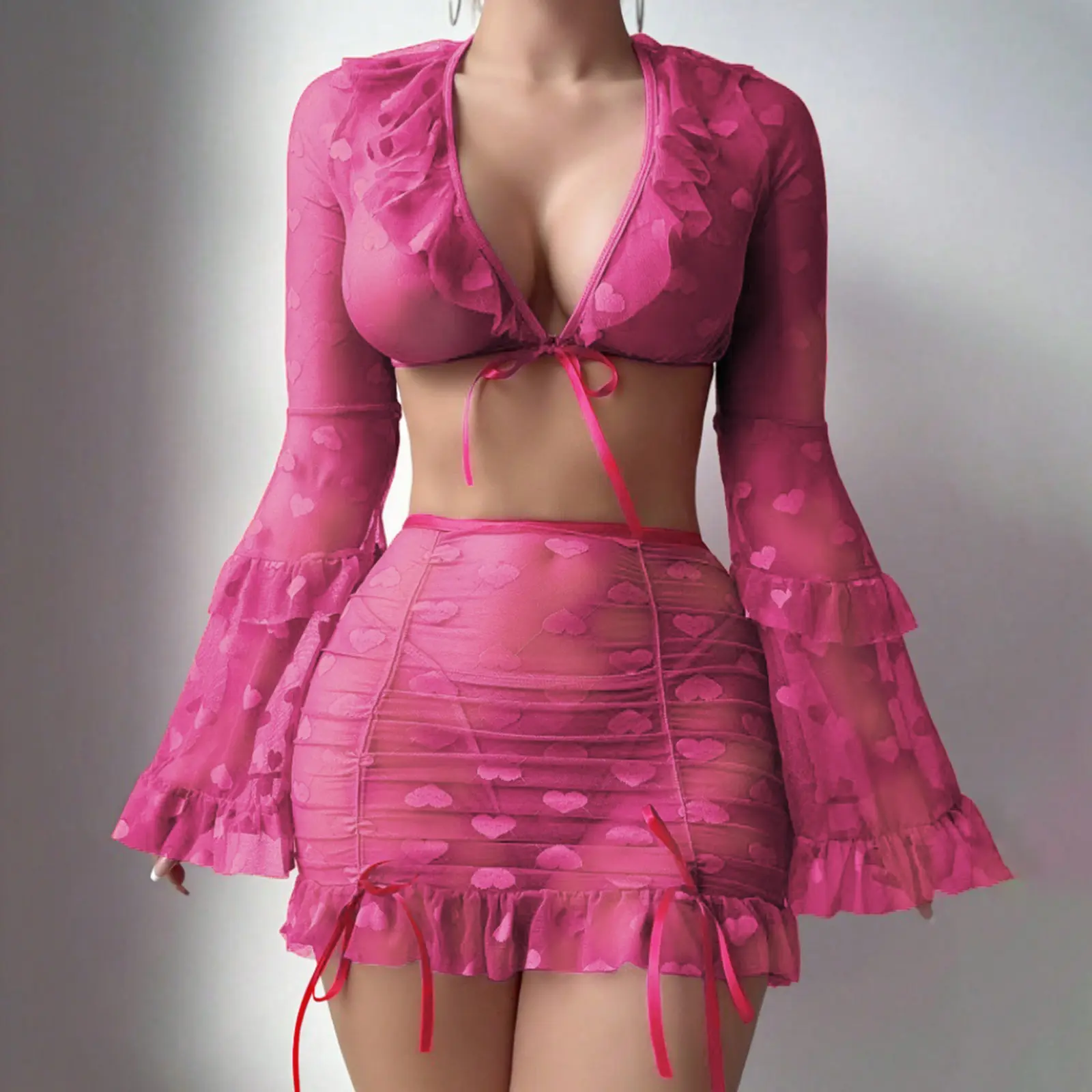 Women Mesh Lingerie Set Heart Print Sheer Tie Front Tops and Ruffles Skirt Thong Set for Naughty Babydoll Sleepwear