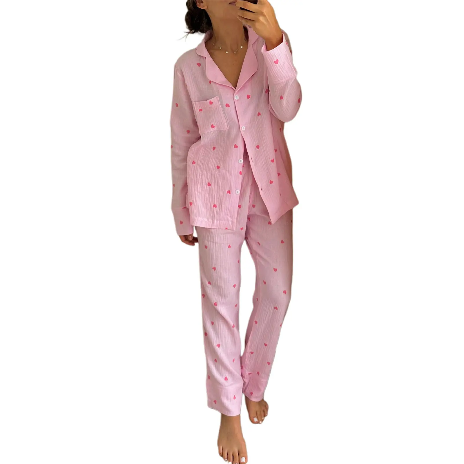 Women Pajama Set Heart Print Lapel Neck Button-up Long Sleeve Tops Long Pants 2-Piece Loungewear Valentine's Day Outfit