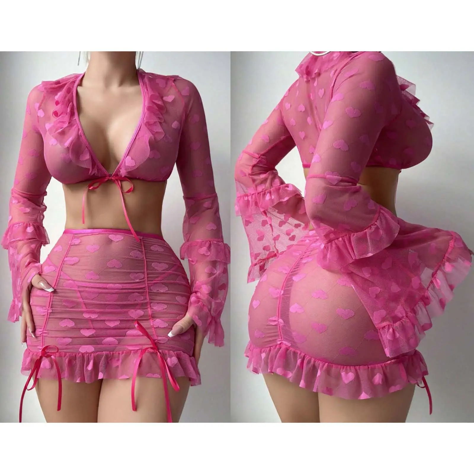 Women Mesh Lingerie Set Heart Print Sheer Tie Front Tops and Ruffles Skirt Thong Set for Naughty Babydoll Sleepwear