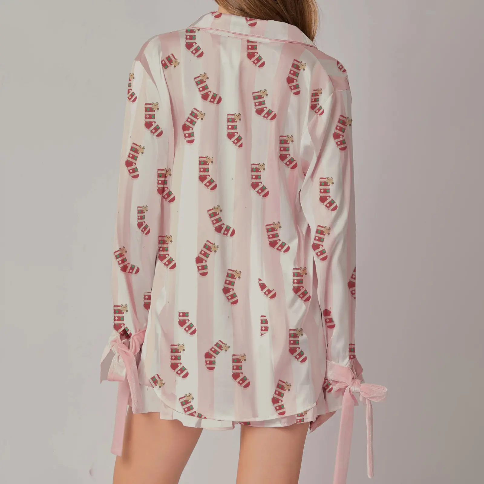 Women 2 Piece Pajamas Set Bow/Lips/Socks Print Button Shirt and Ruffled Shorts for Loungewear Soft Sleepwear