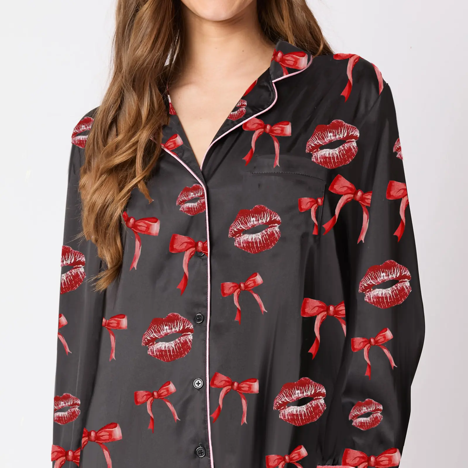 Women 2 Piece Pajamas Set Bow/Lips/Socks Print Button Shirt and Ruffled Shorts for Loungewear Soft Sleepwear