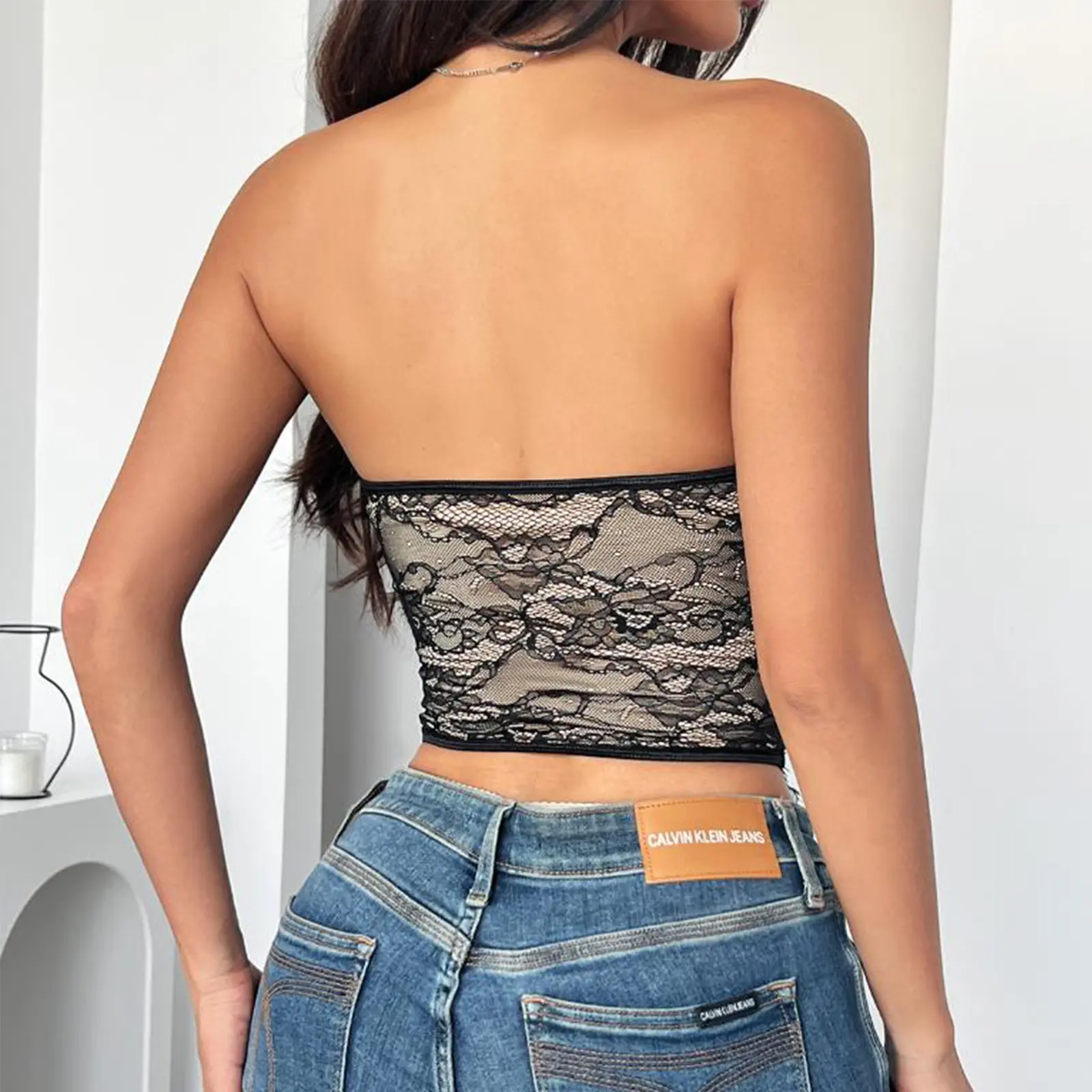 Women Crop Bustier Tube Tops Summer Button Front Floral Lace Off-Shoulder Bandeau Vest Backless Shirts for Streetwear