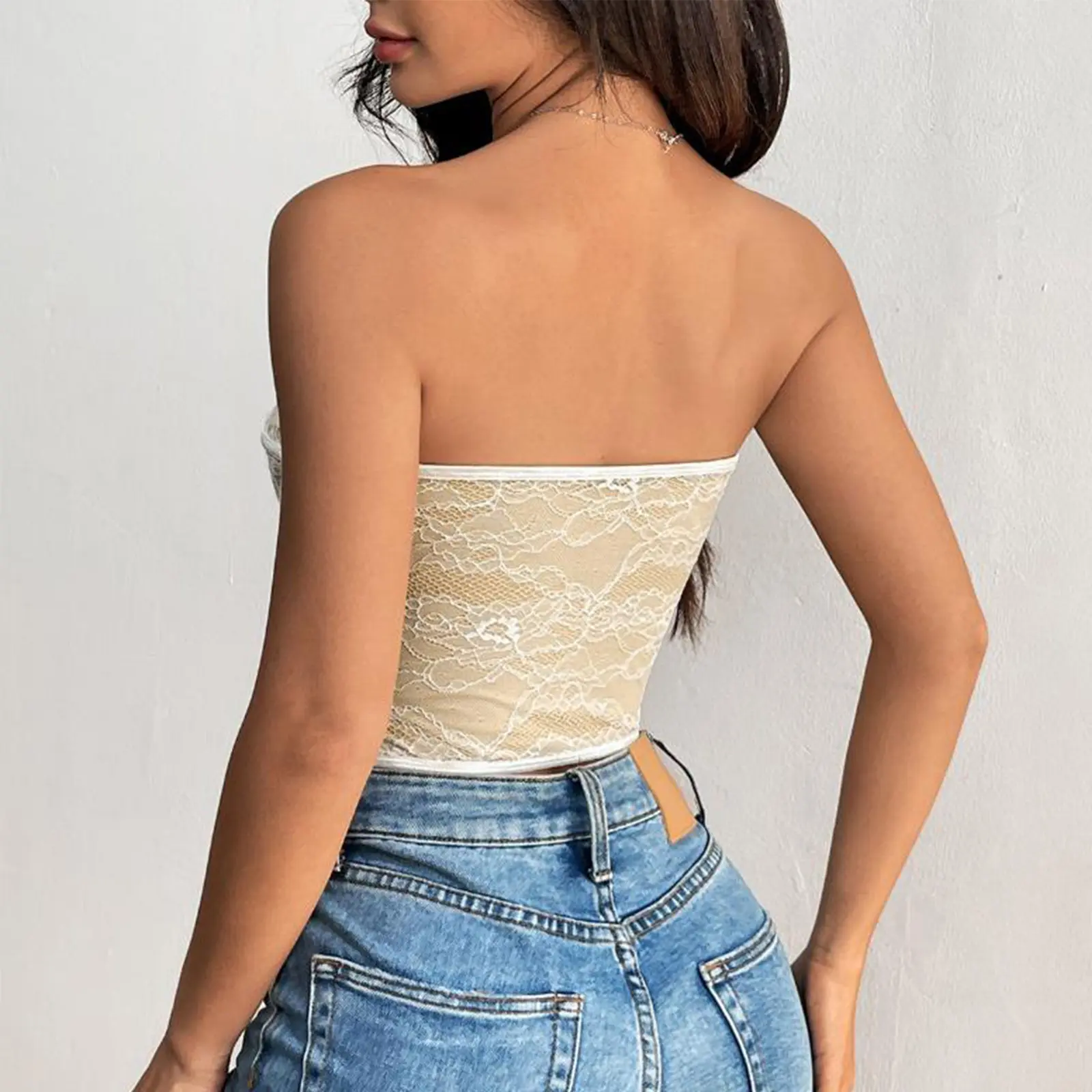Women Crop Bustier Tube Tops Summer Button Front Floral Lace Off-Shoulder Bandeau Vest Backless Shirts for Streetwear
