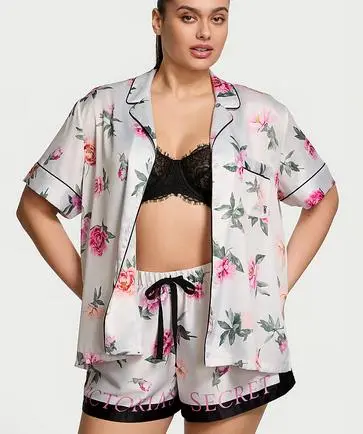 Women Floral Pajama Set, Short Sleeve Button Closure Shirt with Shorts Sleepwear Loungewear