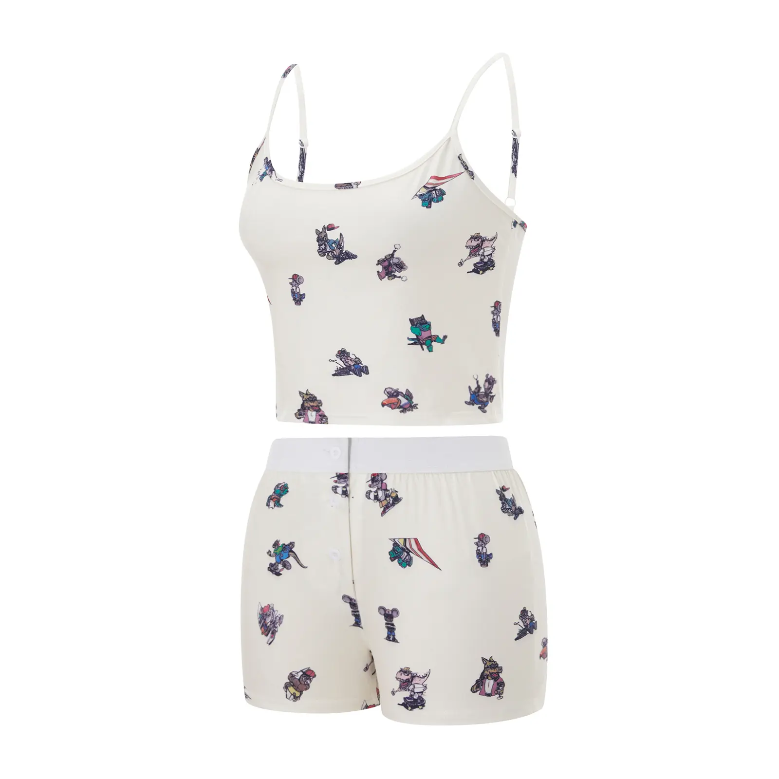 Women 2 Piece Pajama Set Cute Cartoon Crop Sleeveless Camisole and Elastic Shorts for Loungewear Soft Sleepwear