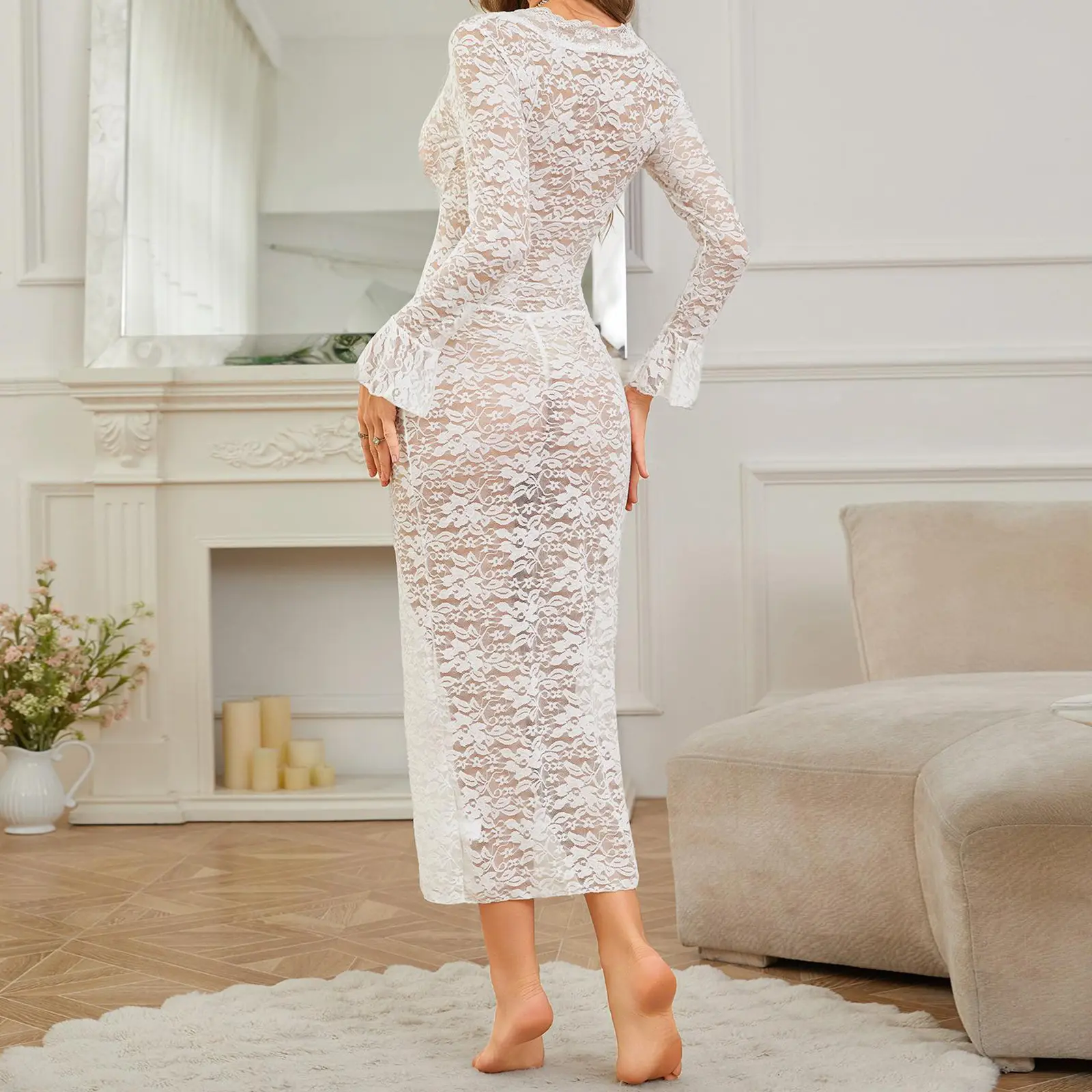 Women's 2 Piece Lace Lingerie Set Long Sleeve Deep V Neck Nightdress and G-String Thongs Exotic Nightwear