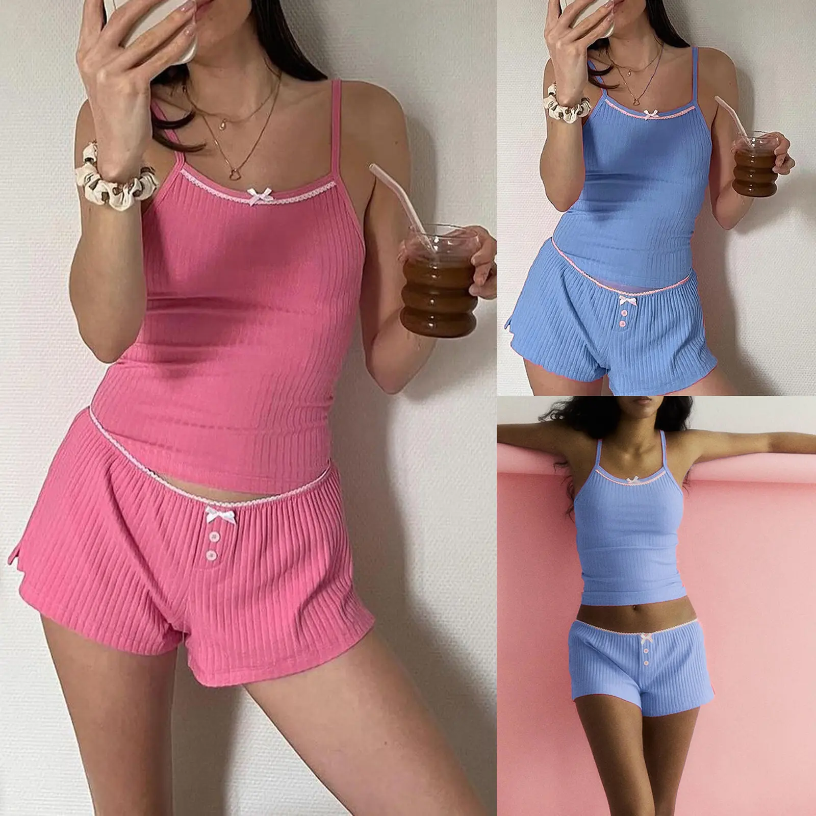 Women's 2 Piece Ribbed Set, Scoop Neck Backless 3D Bow Crop Cami Tops + Elastic Waist Shorts Outfits for Party Club