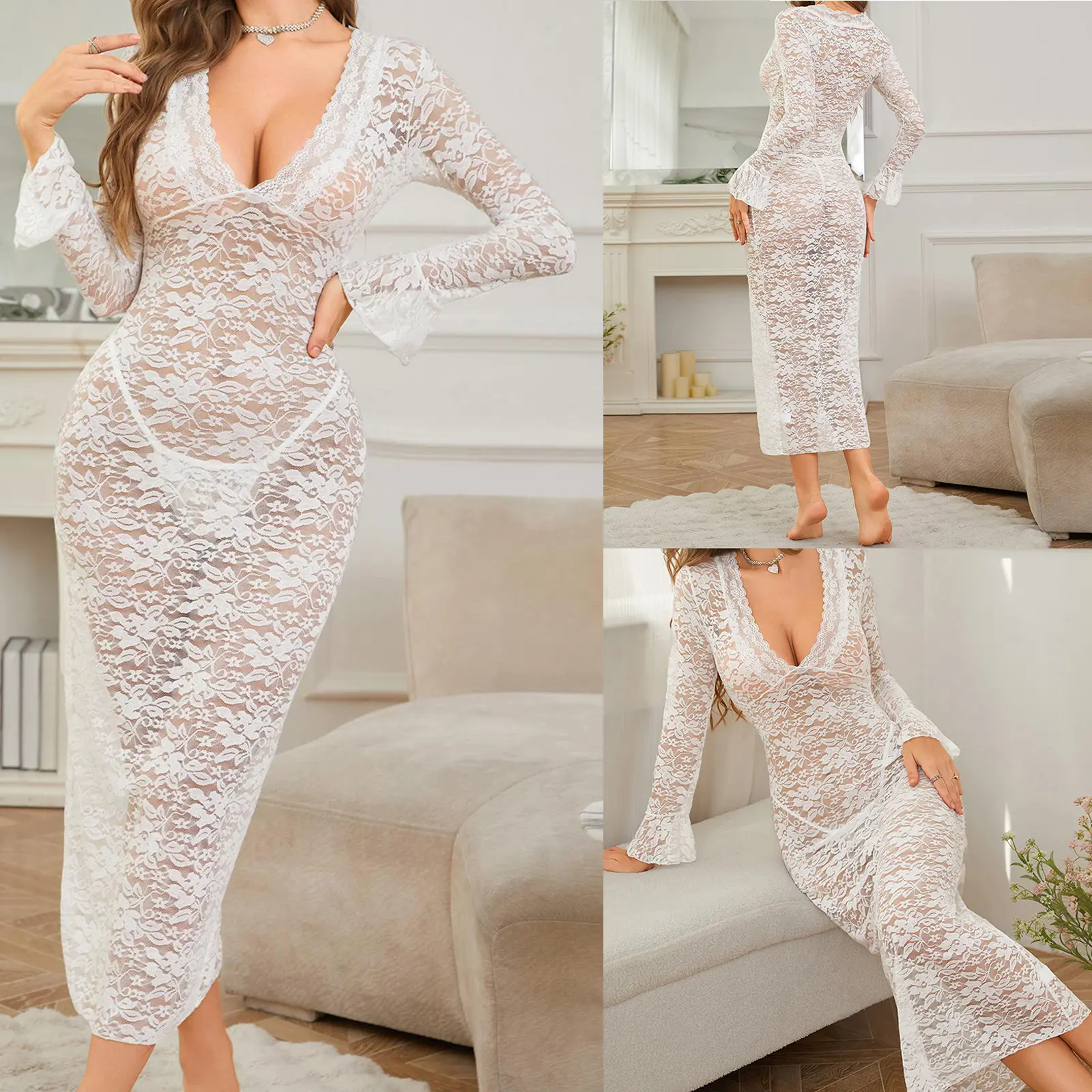 Women's 2 Piece Lace Lingerie Set Long Sleeve Deep V Neck Nightdress and G-String Thongs Exotic Nightwear