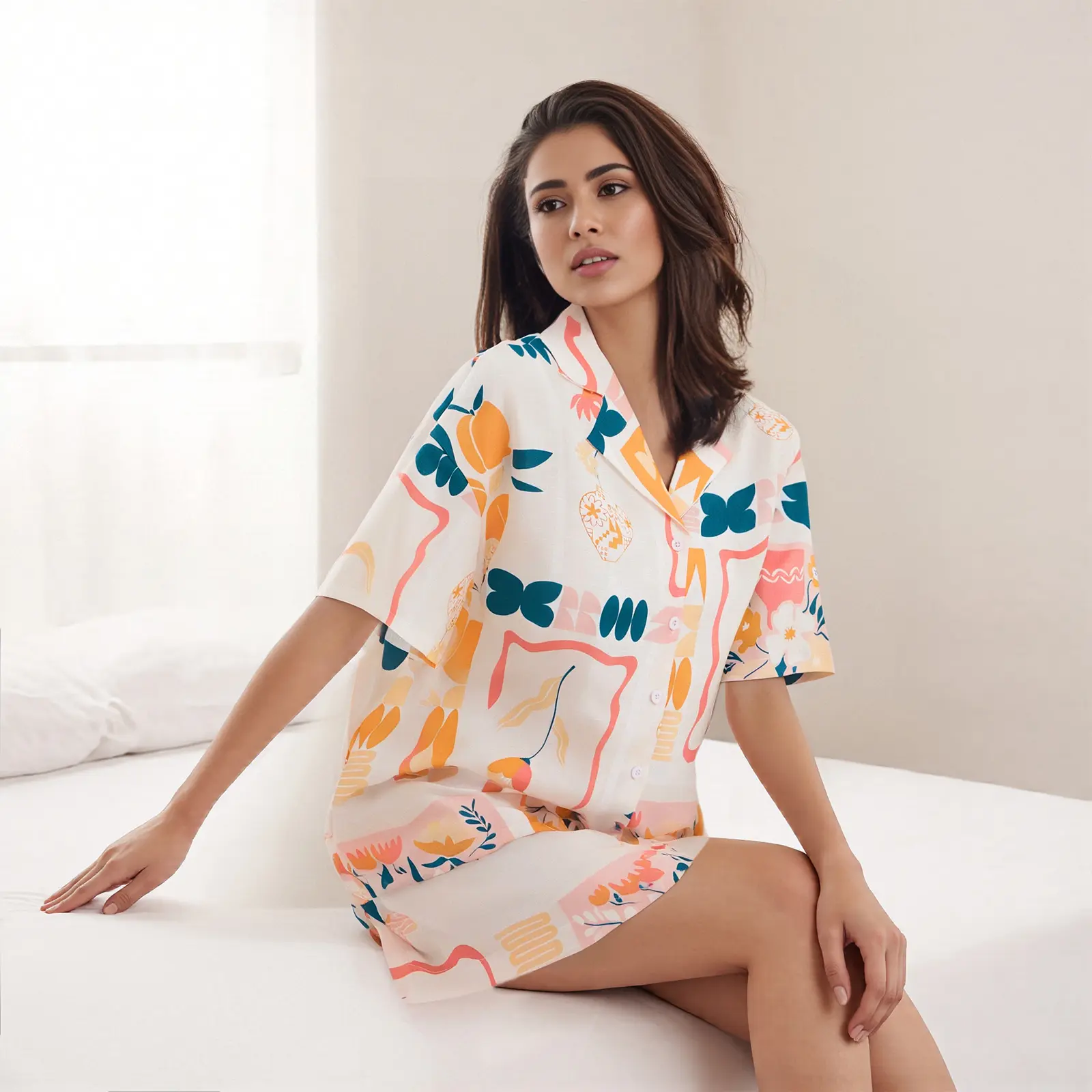 Women Pajamas Set 2 Pieces Loungewear Suits Sunburst Citrus Print Short Sleeve Tops and Shorts 2 Piece Loungewear Outfits
