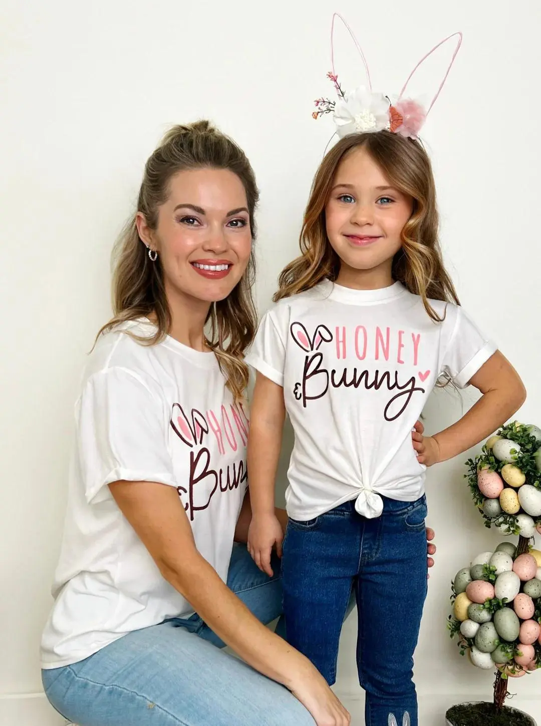 Mommy and Me Matching T-Shirts Bunny Letter Print Short Sleeve Round Neck Tops for Mother and Daughters