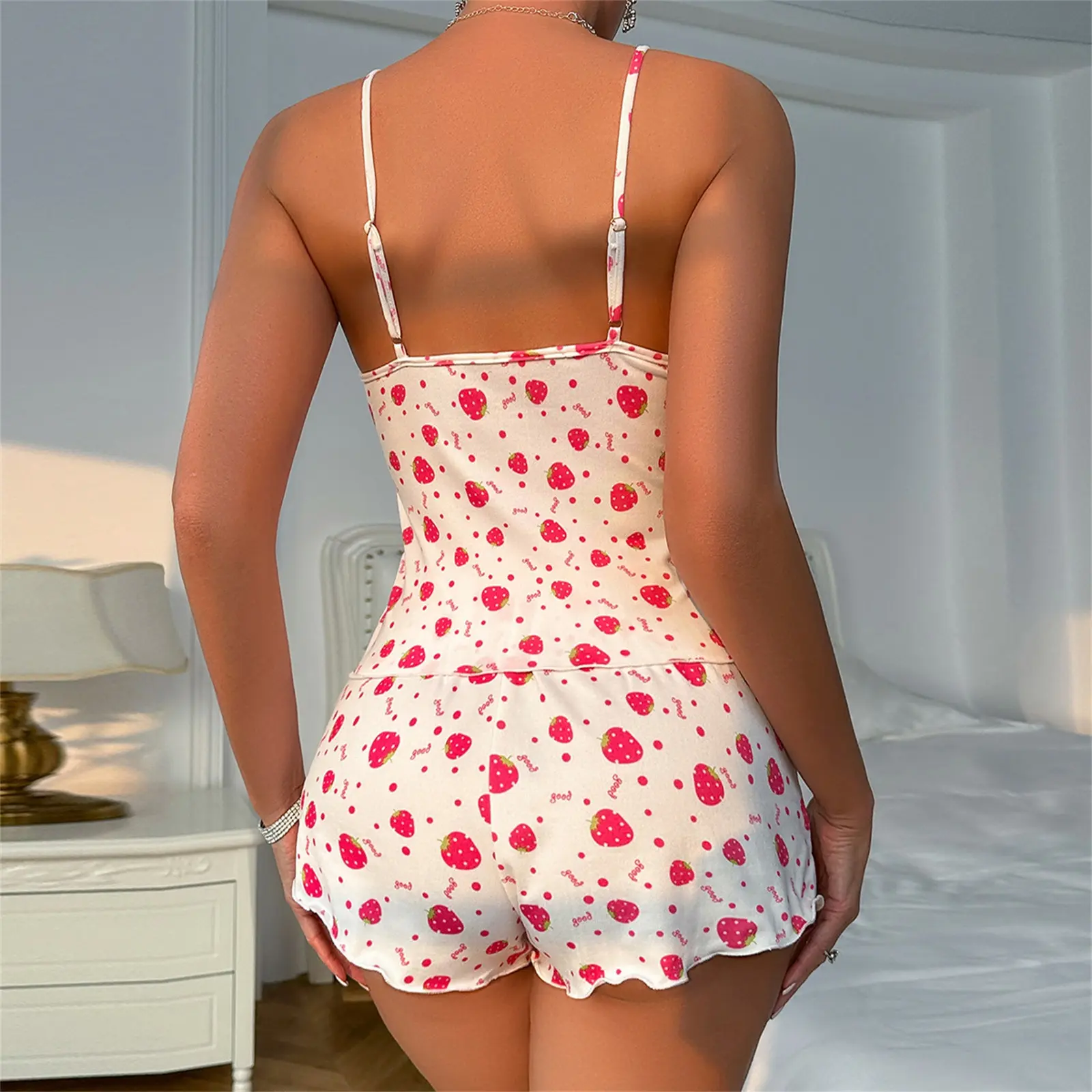 Women's 2 Piece Babydoll Lingerie Set Cute Strawberry Print Strap Tops and Shorts Set Sleepwear