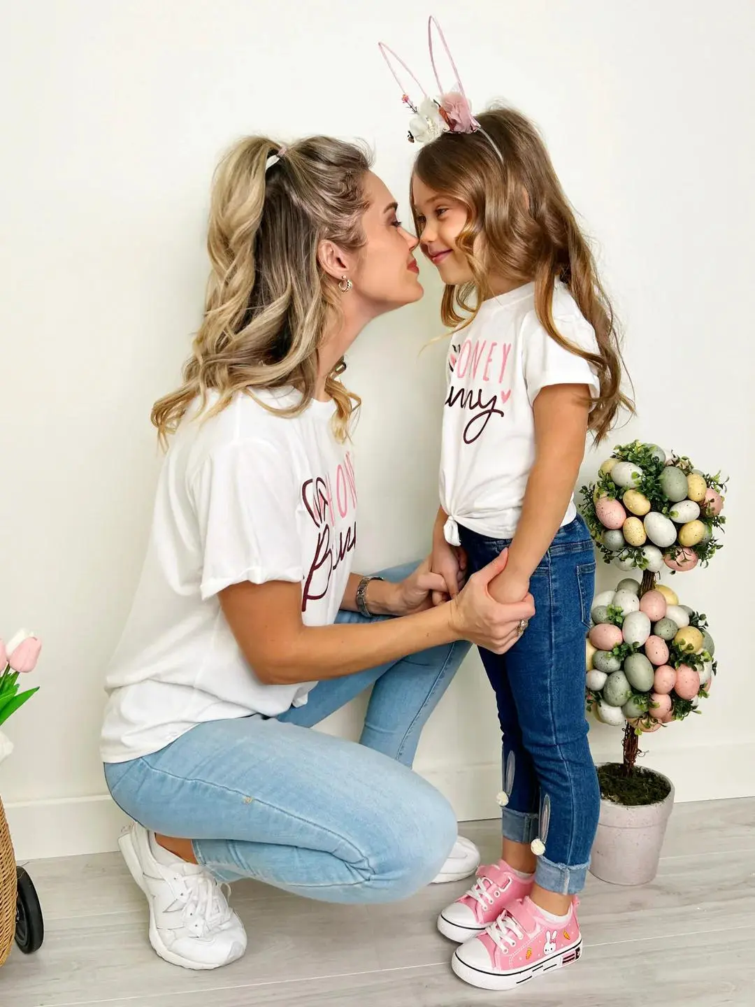 Mommy and Me Matching T-Shirts Bunny Letter Print Short Sleeve Round Neck Tops for Mother and Daughters
