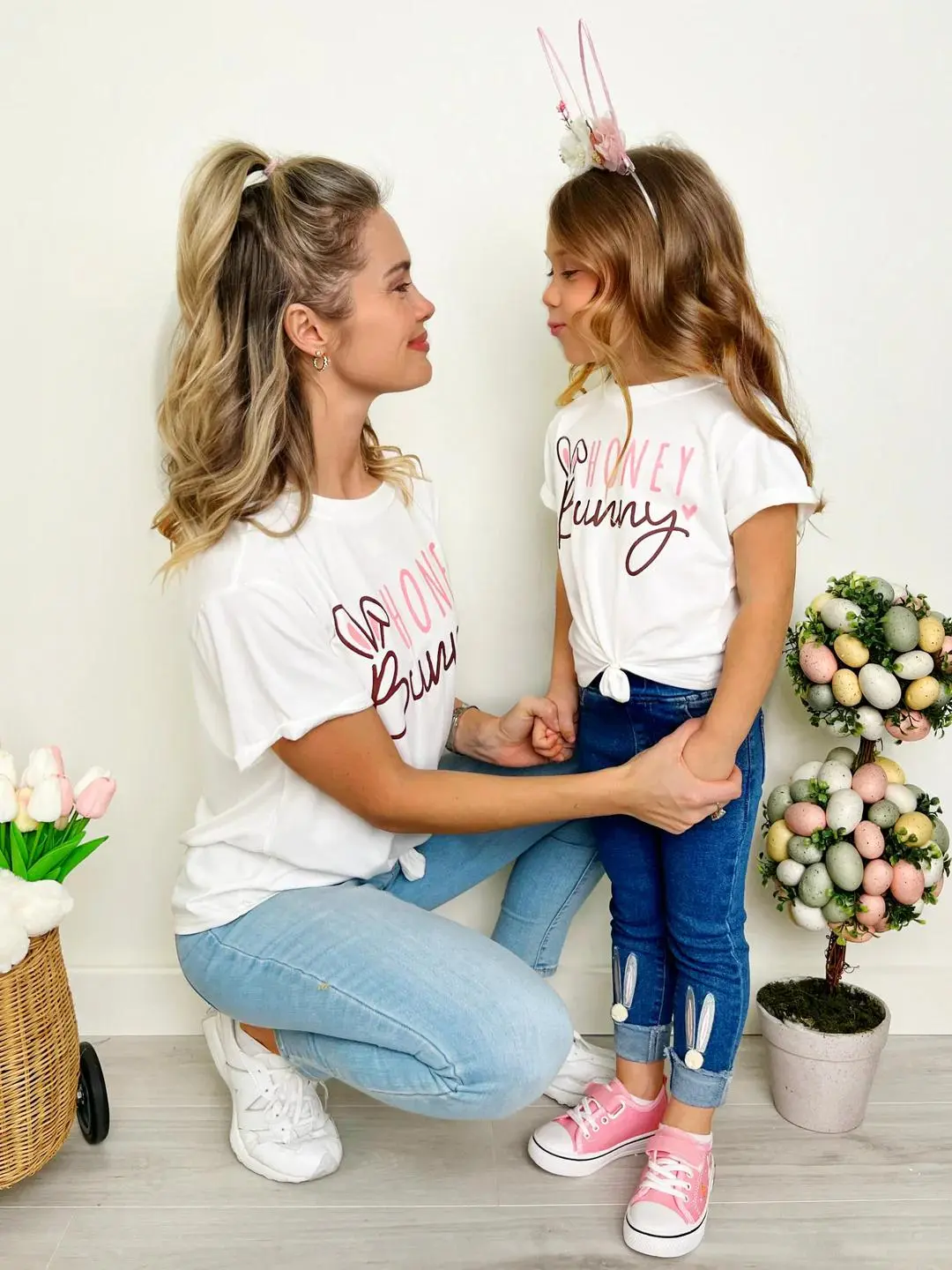 Mommy and Me Matching T-Shirts Bunny Letter Print Short Sleeve Round Neck Tops for Mother and Daughters