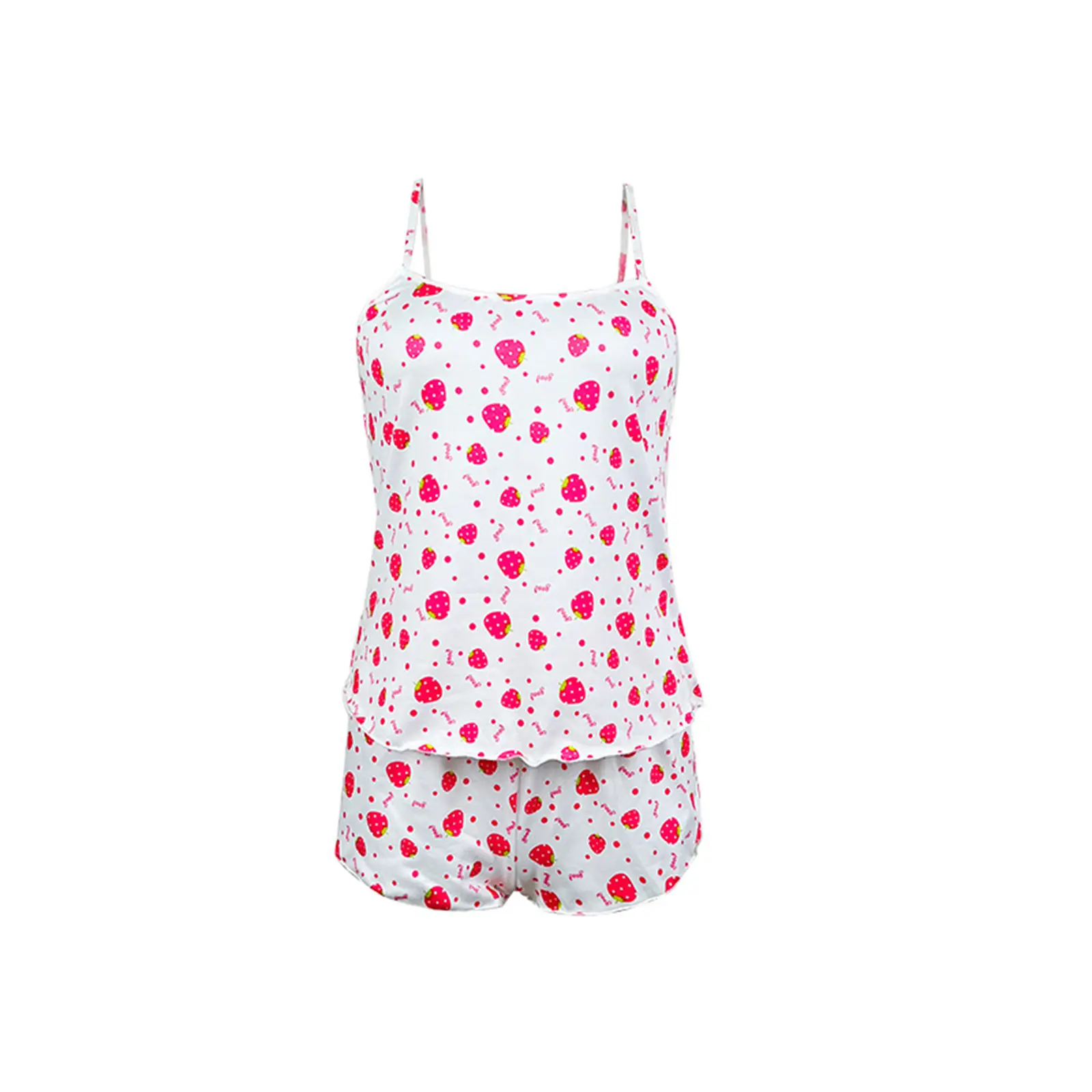 Women's 2 Piece Babydoll Lingerie Set Cute Strawberry Print Strap Tops and Shorts Set Sleepwear