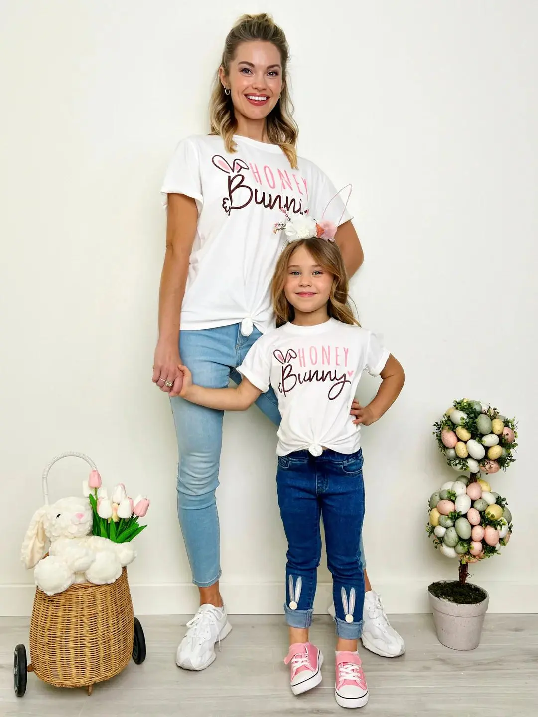 Mommy and Me Matching T-Shirts Bunny Letter Print Short Sleeve Round Neck Tops for Mother and Daughters