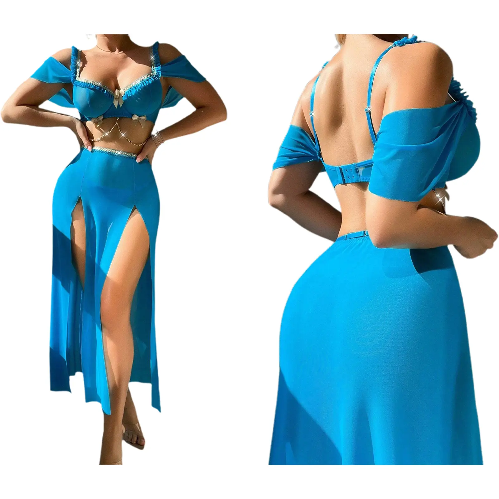 Women Teddy Lingerie Set Rhinestone Chains Sheer Off-Shoulder Tops and Elastic Thong Split Skirt Set for Sleepwear
