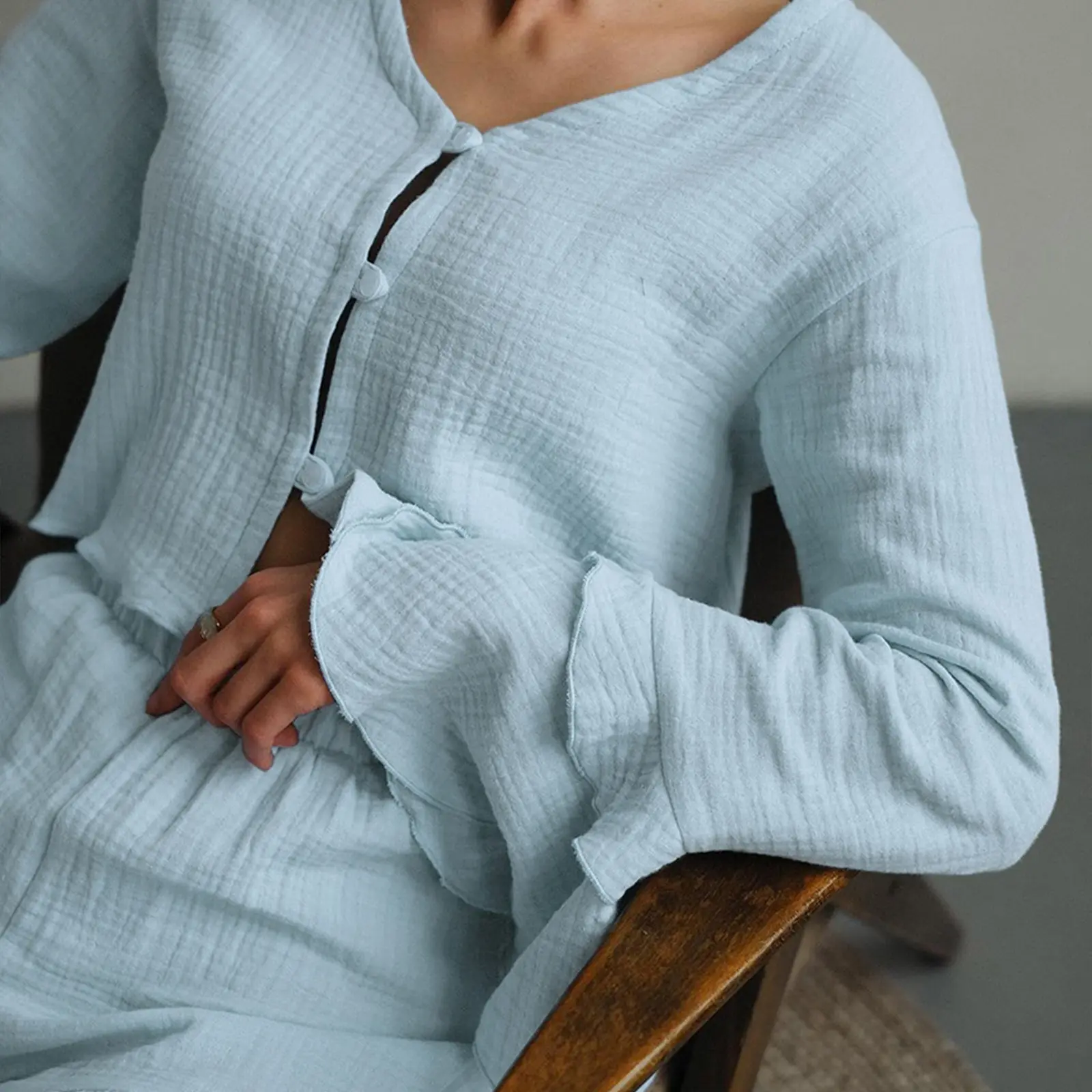 Women Pajamas Set 2 Pieces Loungewear Suits Solid Color Buttons Front Long Sleeve Tops and Shorts Sleepwear Outfits