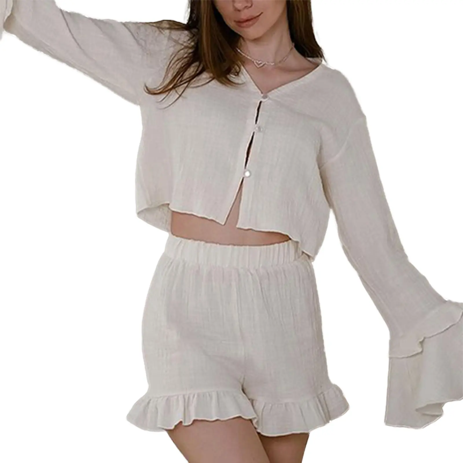 Women Pajamas Set 2 Pieces Loungewear Suits Solid Color Buttons Front Long Sleeve Tops and Shorts Sleepwear Outfits