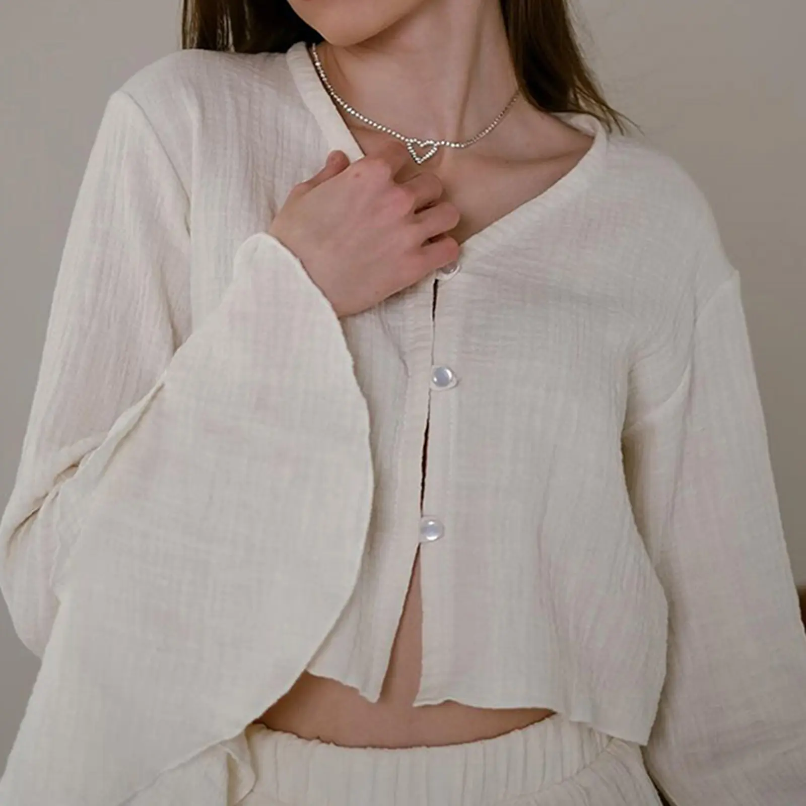 Women Pajamas Set 2 Pieces Loungewear Suits Solid Color Buttons Front Long Sleeve Tops and Shorts Sleepwear Outfits