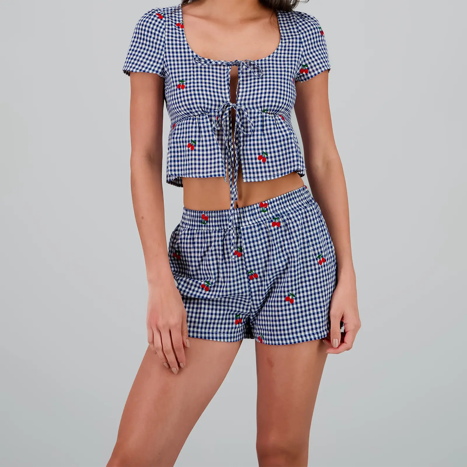 Women Plaid Pajama Set, Embroidery Cherry Short Sleeve Tie-up Top with Shorts Sleepwear Loungewear