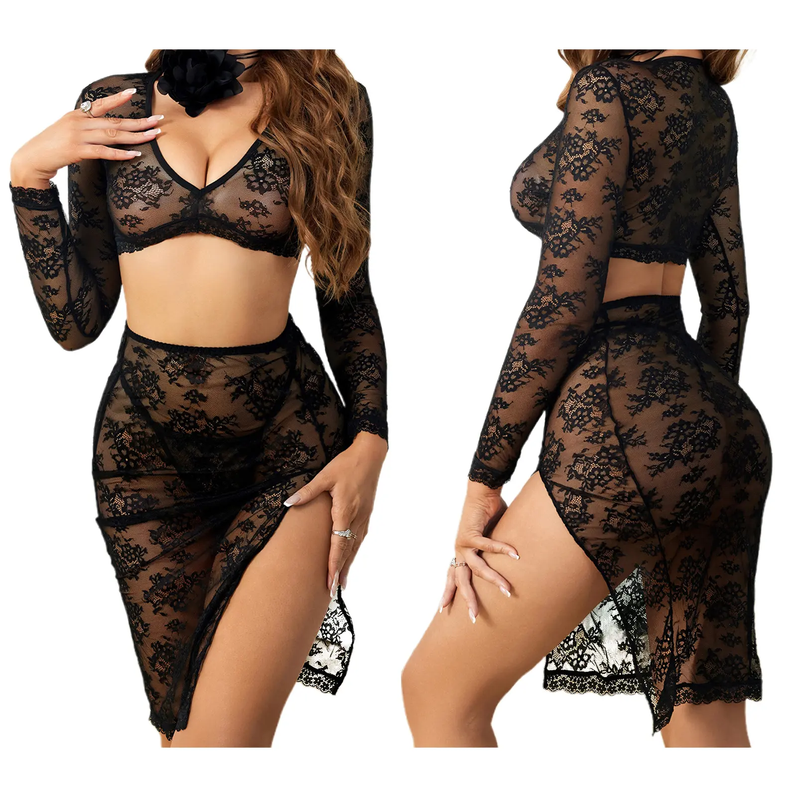 Women Pajama Set, See-through Lace Crop Top with Slit Midi Skirt Briefs Lingerie Set Loungewear