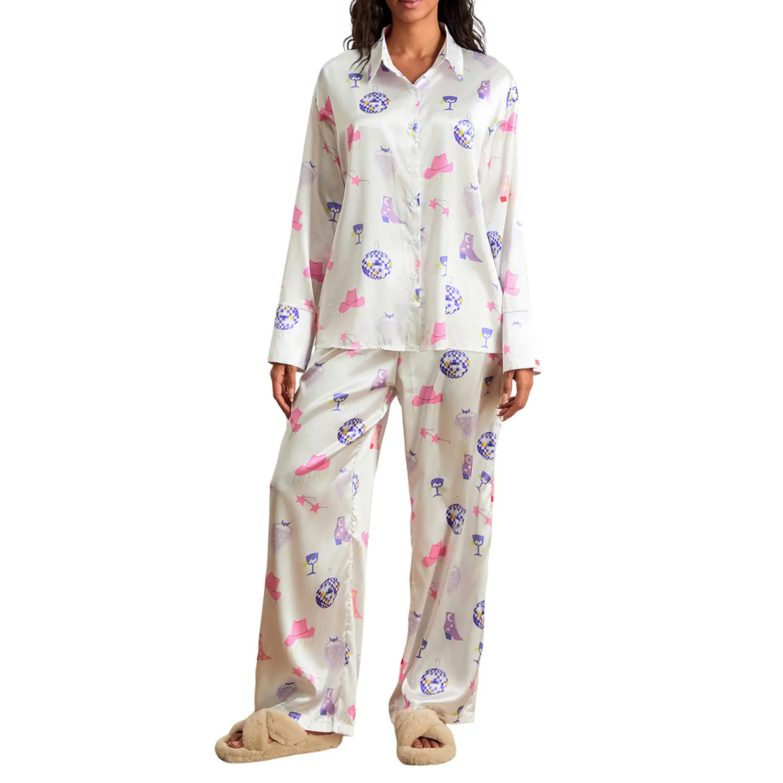 Women Pajama Set, Elegant Printed Long Sleeve Top with Pants Sleepwear Loungewear