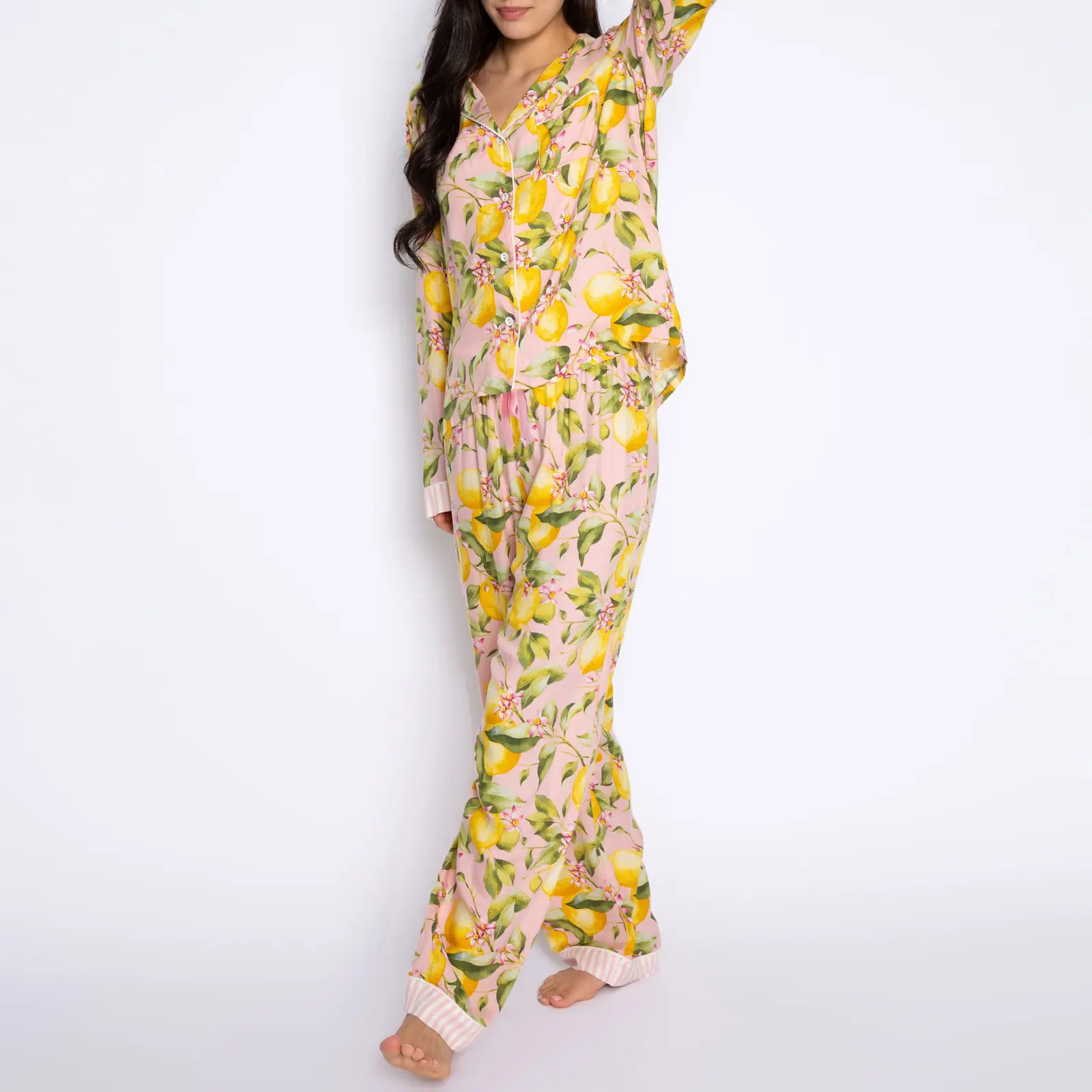 Women Lemon Print Loungewear Set Button-up Lapel Neck Long Sleeve Tops Long Pants 2-Piece Pajama Outfit