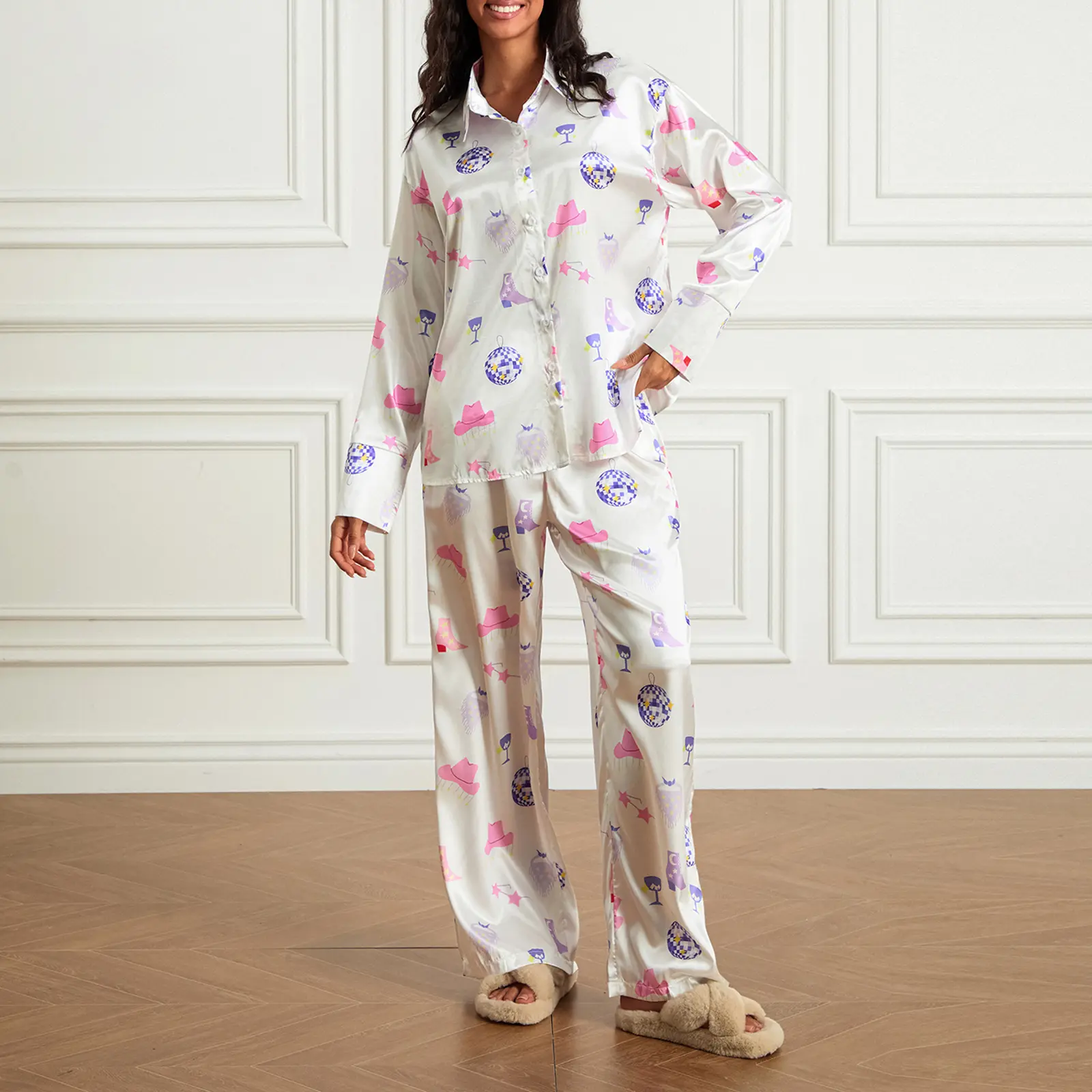 Women Pajama Set, Elegant Printed Long Sleeve Top with Pants Sleepwear Loungewear