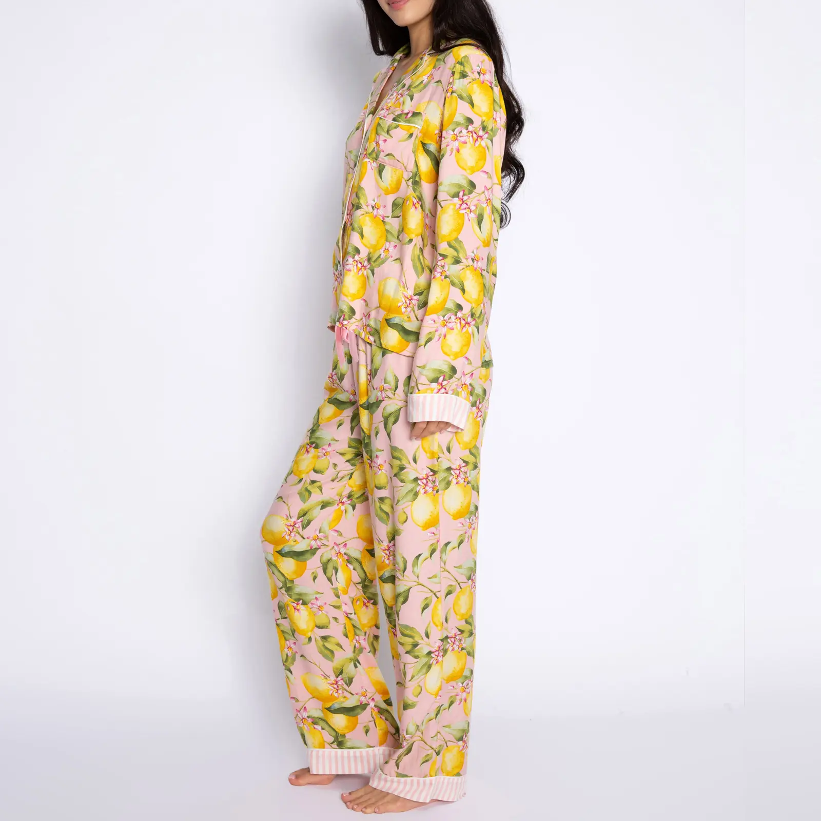 Women Lemon Print Loungewear Set Button-up Lapel Neck Long Sleeve Tops Long Pants 2-Piece Pajama Outfit