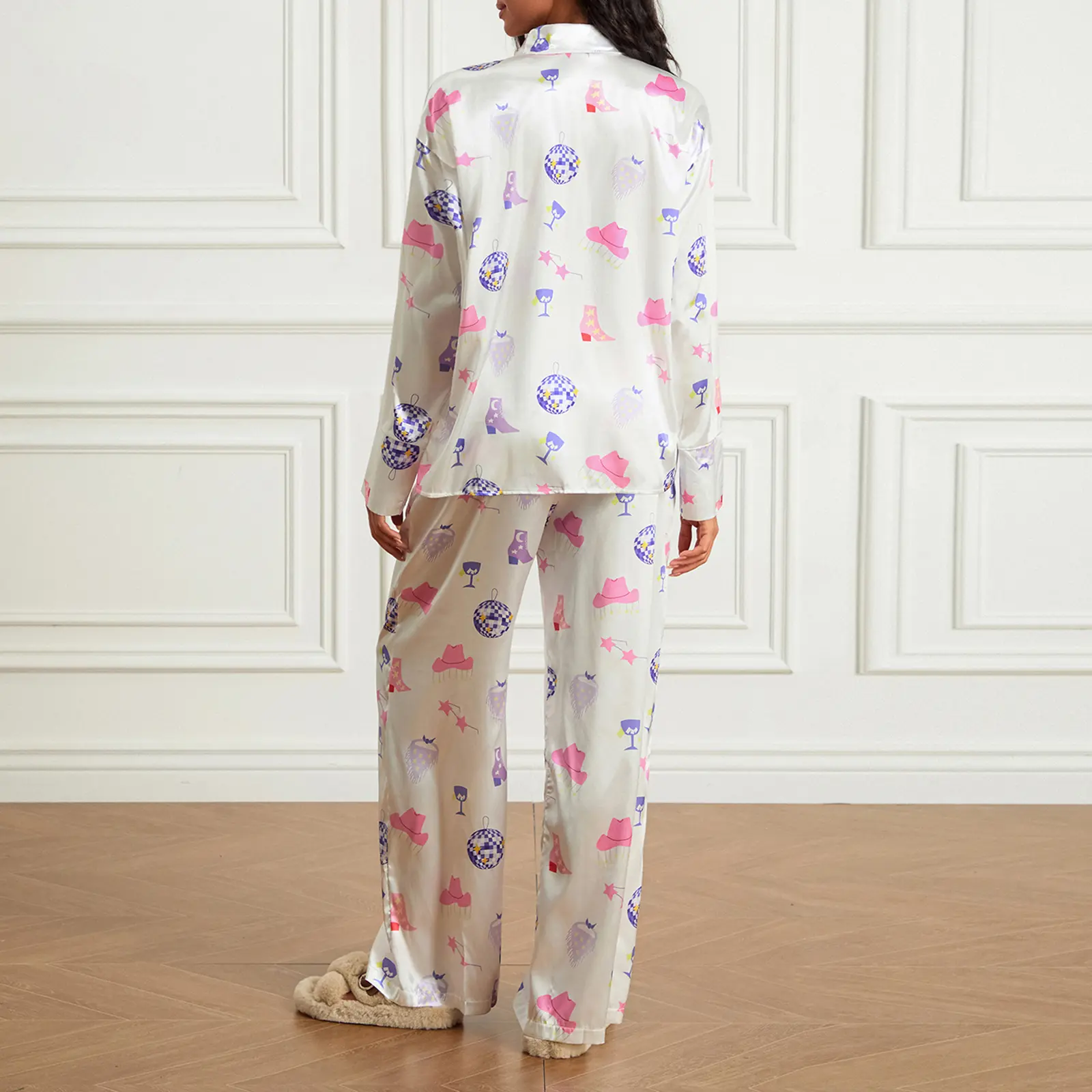 Women Pajama Set, Elegant Printed Long Sleeve Top with Pants Sleepwear Loungewear