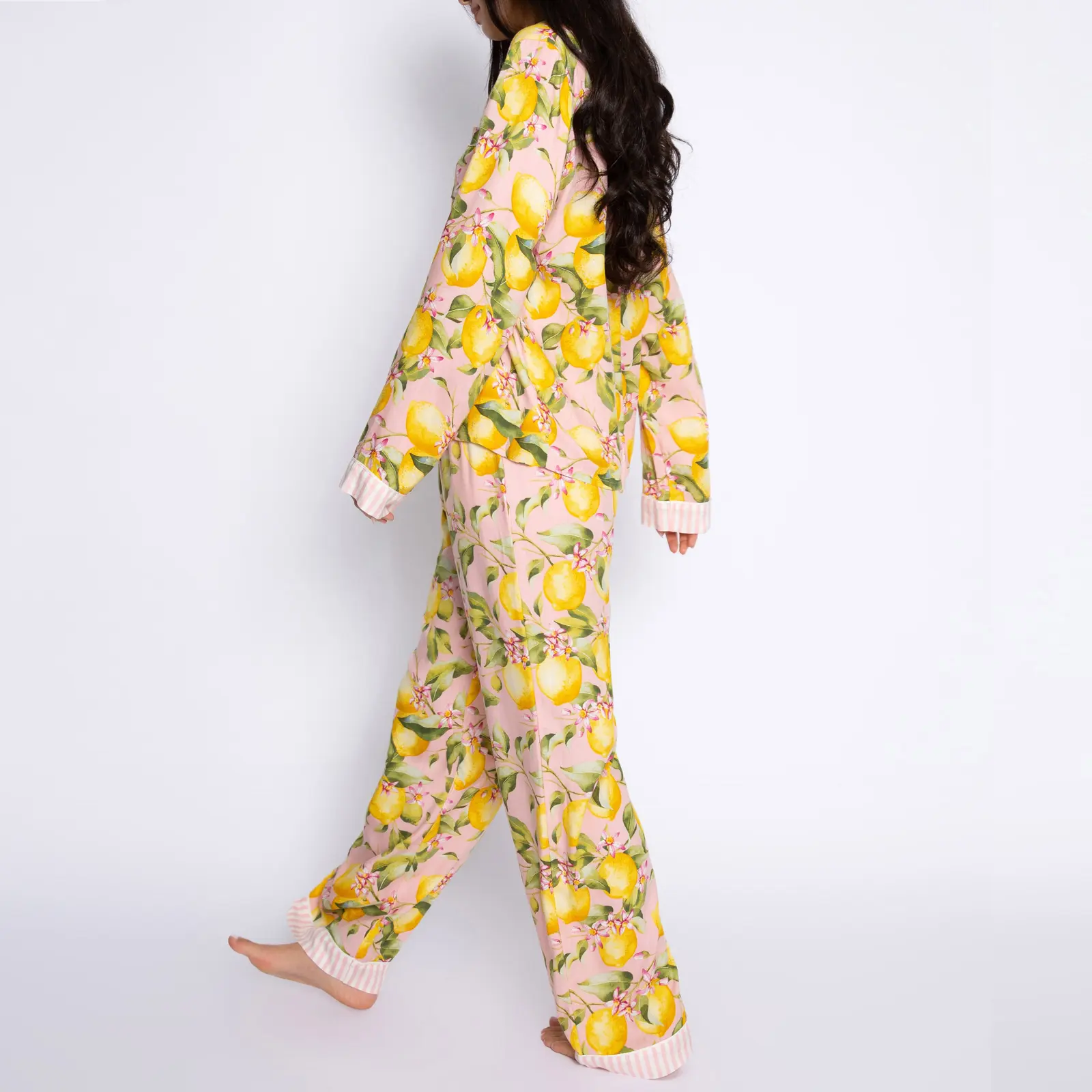 Women Lemon Print Loungewear Set Button-up Lapel Neck Long Sleeve Tops Long Pants 2-Piece Pajama Outfit