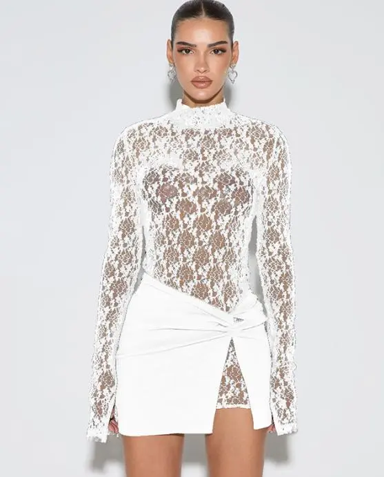 Women Lingerie Set Mesh Lace Floral See Through Long Sleeve Mini Bodycon Babydoll Dress with Skirt 2 Pcs Set