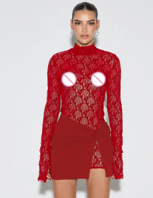 Women Lingerie Set Mesh Lace Floral See Through Long Sleeve Mini Bodycon Babydoll Dress with Skirt 2 Pcs Set