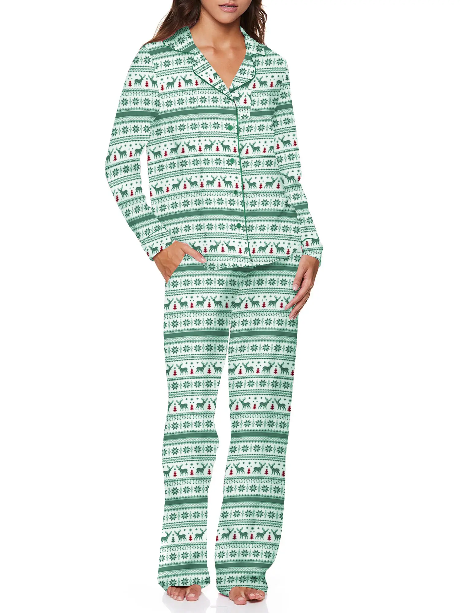 Women 2 Piece Pajamas Set Christmas Print Button up Long Sleeves Shirt and Elastic Pants for Loungewear Soft Sleepwear